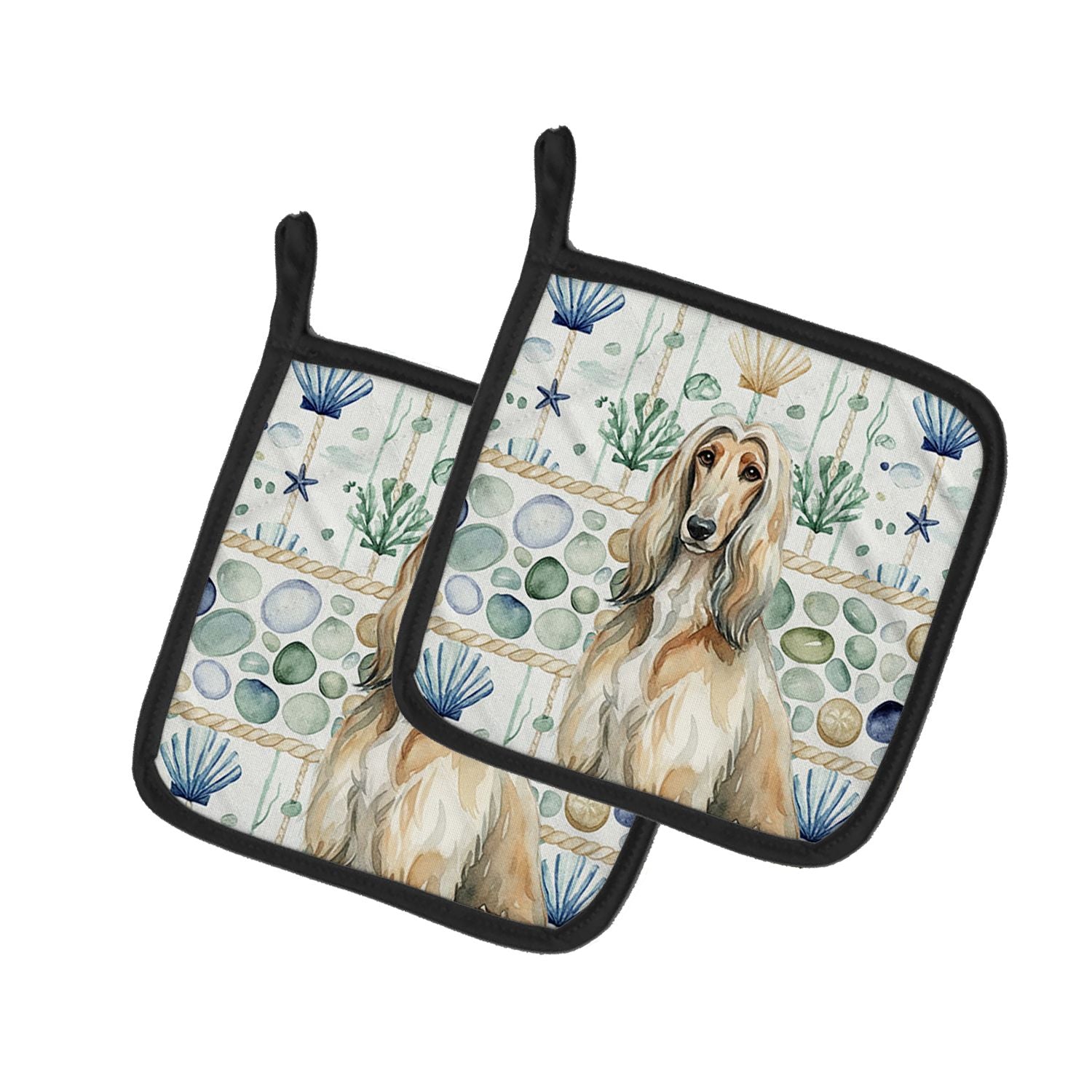Afghan Hound Coastal Sea Glass Pair of Pot Holders Pair 7.5x7.5 Quilted Insulated Hot Pads Decorative Kitchen Gift Made in USA