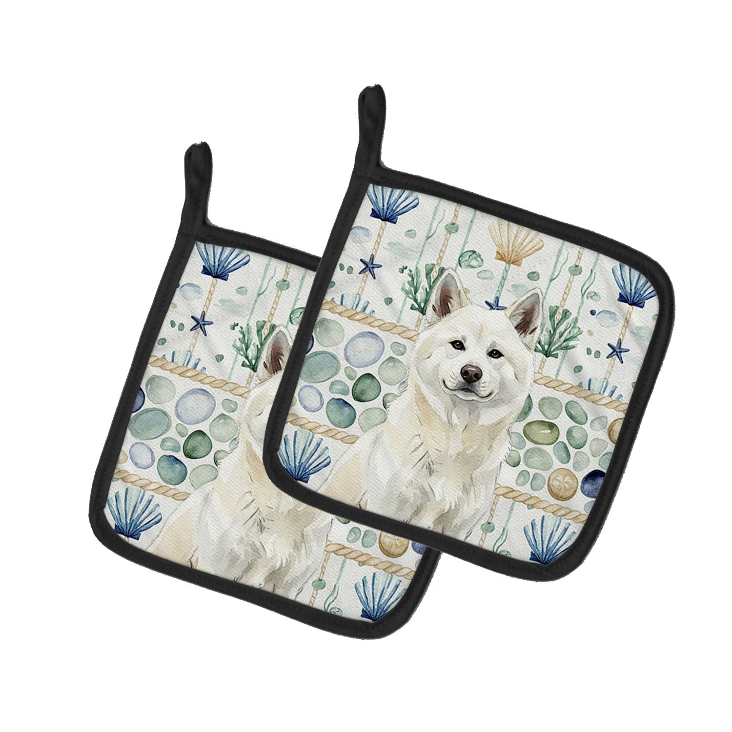 White Akita Coastal Sea Glass Pair of Pot Holders Pair 7.5x7.5 Quilted Insulated Hot Pads Decorative Kitchen Gift Made in USA