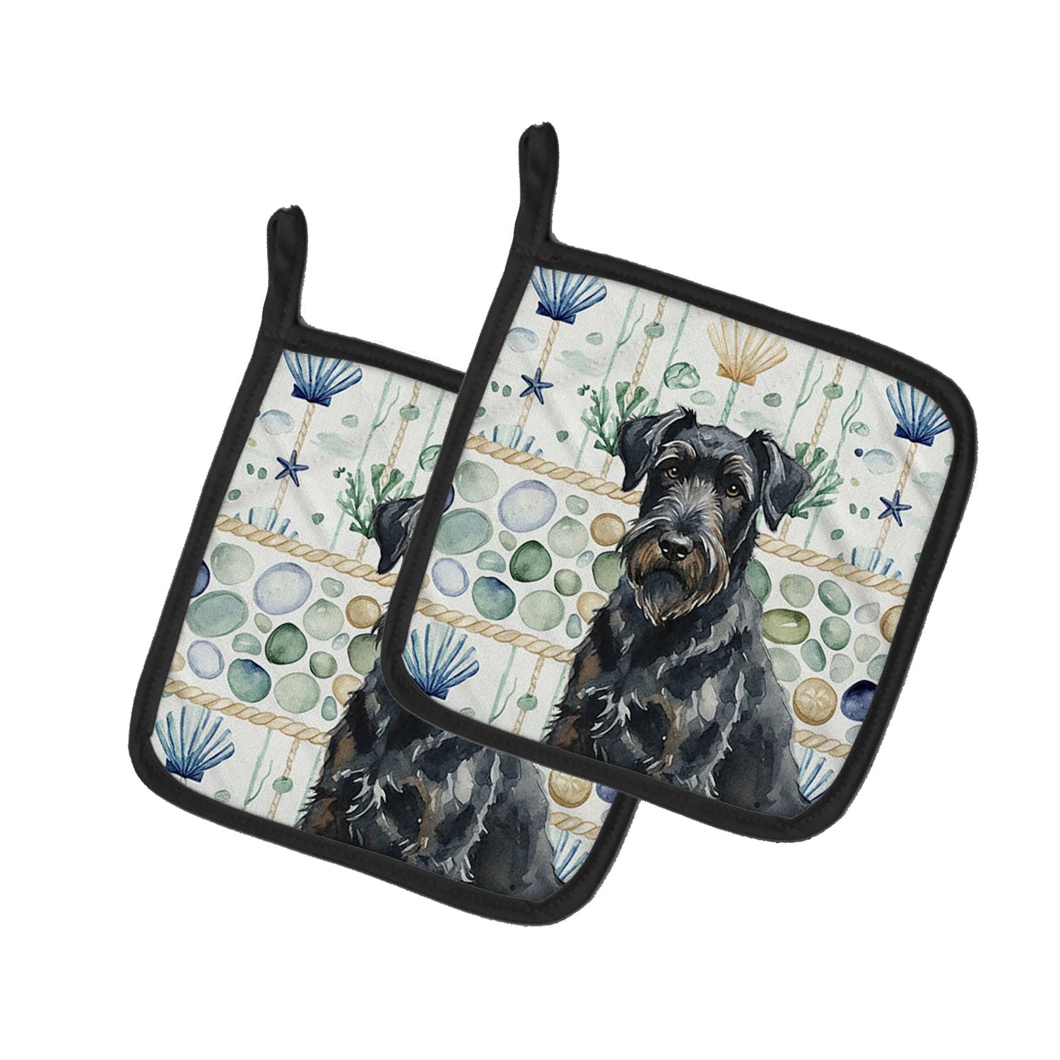 Black Russian Terrier Coastal Sea Glass Pair of Pot Holders Pair 7.5x7.5 Quilted Insulated Hot Pads Decorative Kitchen Gift Made