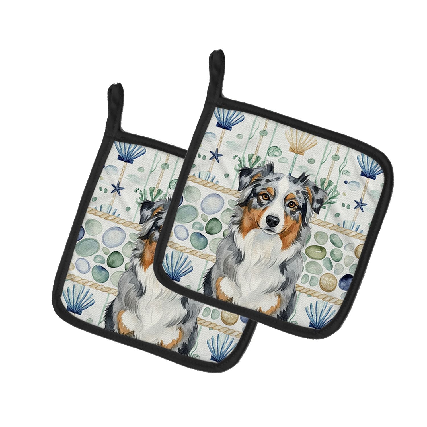 Blue Merle Australian Shepherd Coastal Sea Glass Pair of Pot Holders Pair 7.5x7.5 Quilted Insulated Hot Pads Decorative Kitchen 