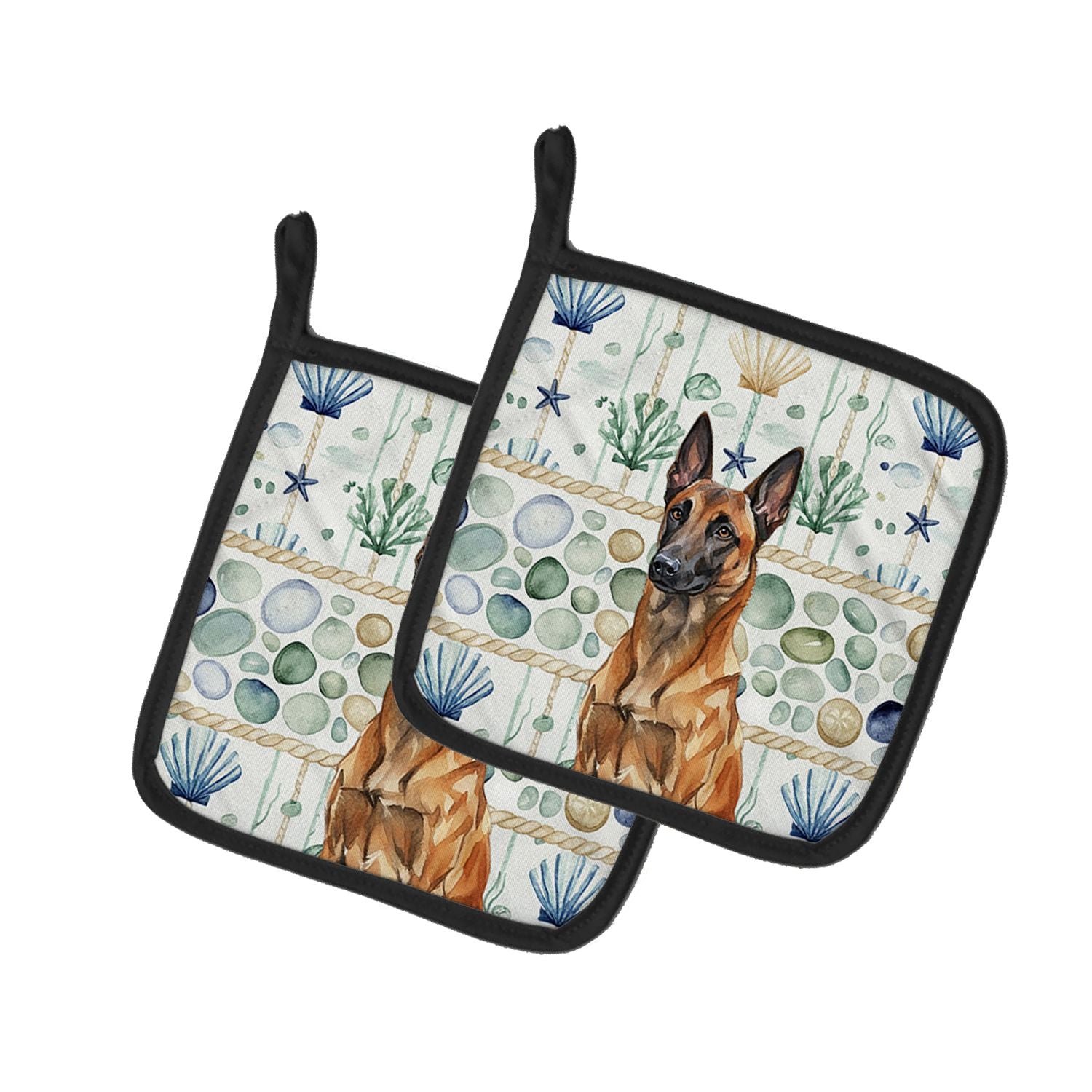 Mahogany Belgian Malinois Coastal Sea Glass Pair of Pot Holders Pair 7.5x7.5 Quilted Insulated Hot Pads Decorative Kitchen Gift 
