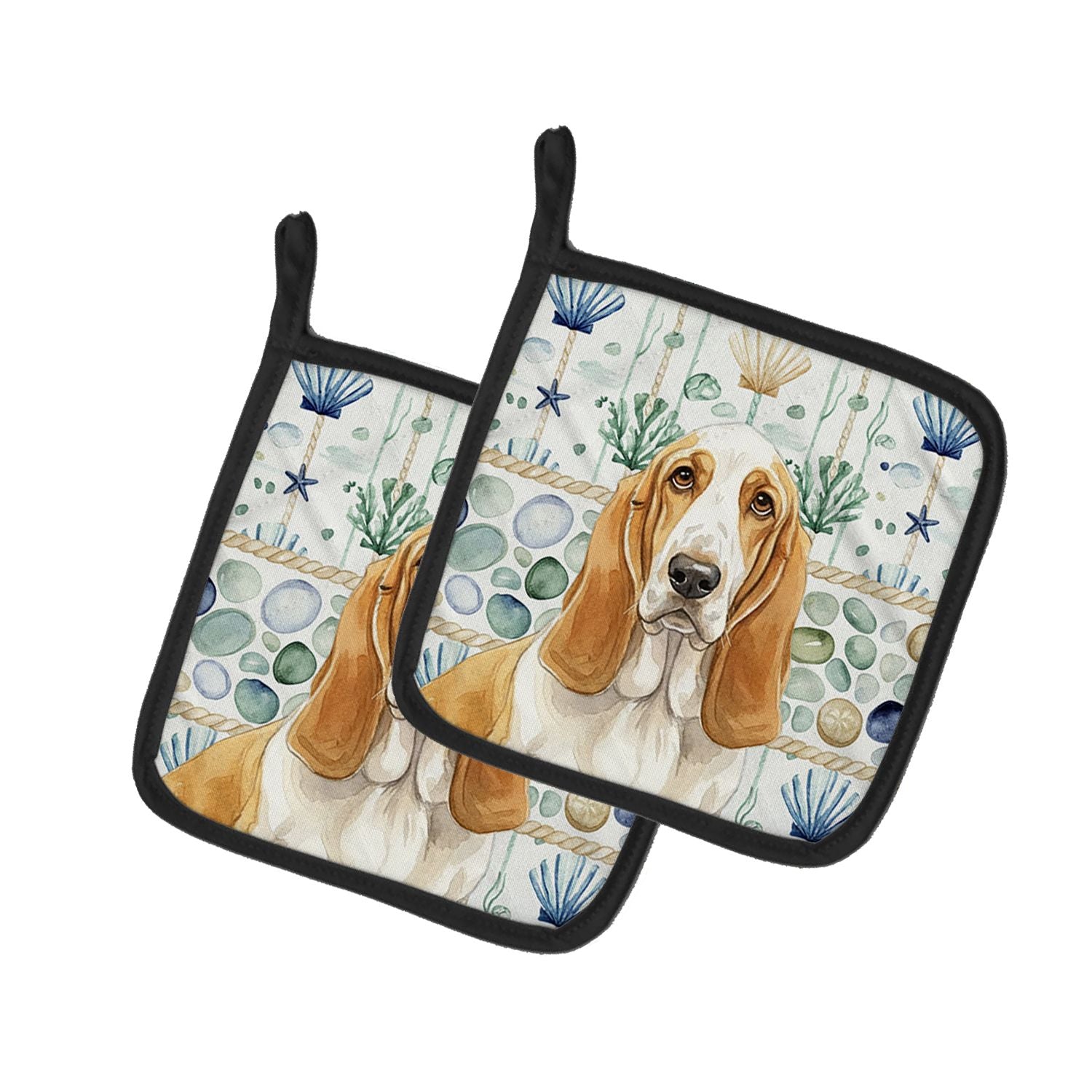Lemon and White Basset Hound Coastal Sea Glass Pair of Pot Holders Pair 7.5x7.5 Quilted Insulated Hot Pads Decorative Kitchen Gi