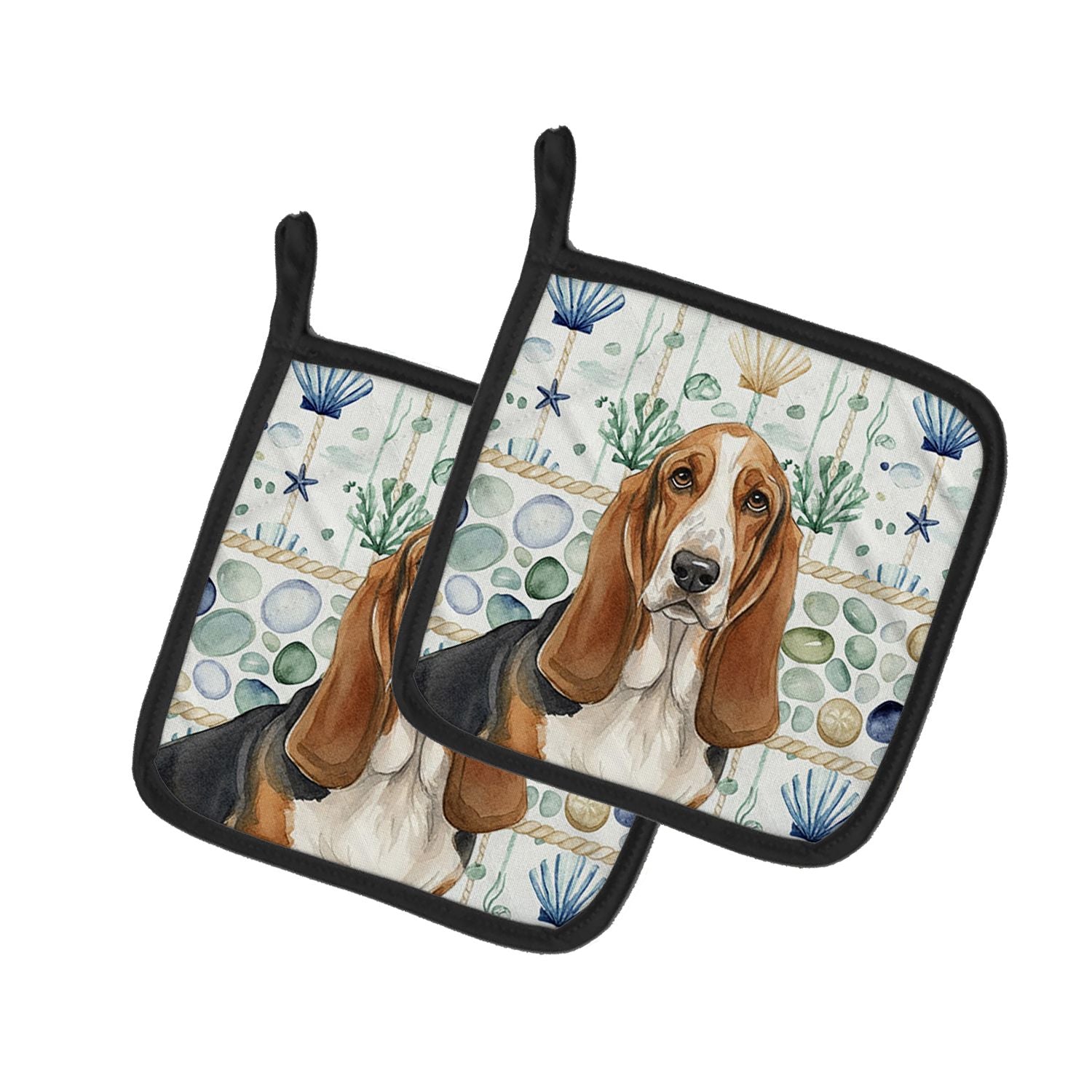 Tricolor and White Basset Hound Coastal Sea Glass Pair of Pot Holders Pair 7.5x7.5 Quilted Insulated Hot Pads Decorative Kitchen
