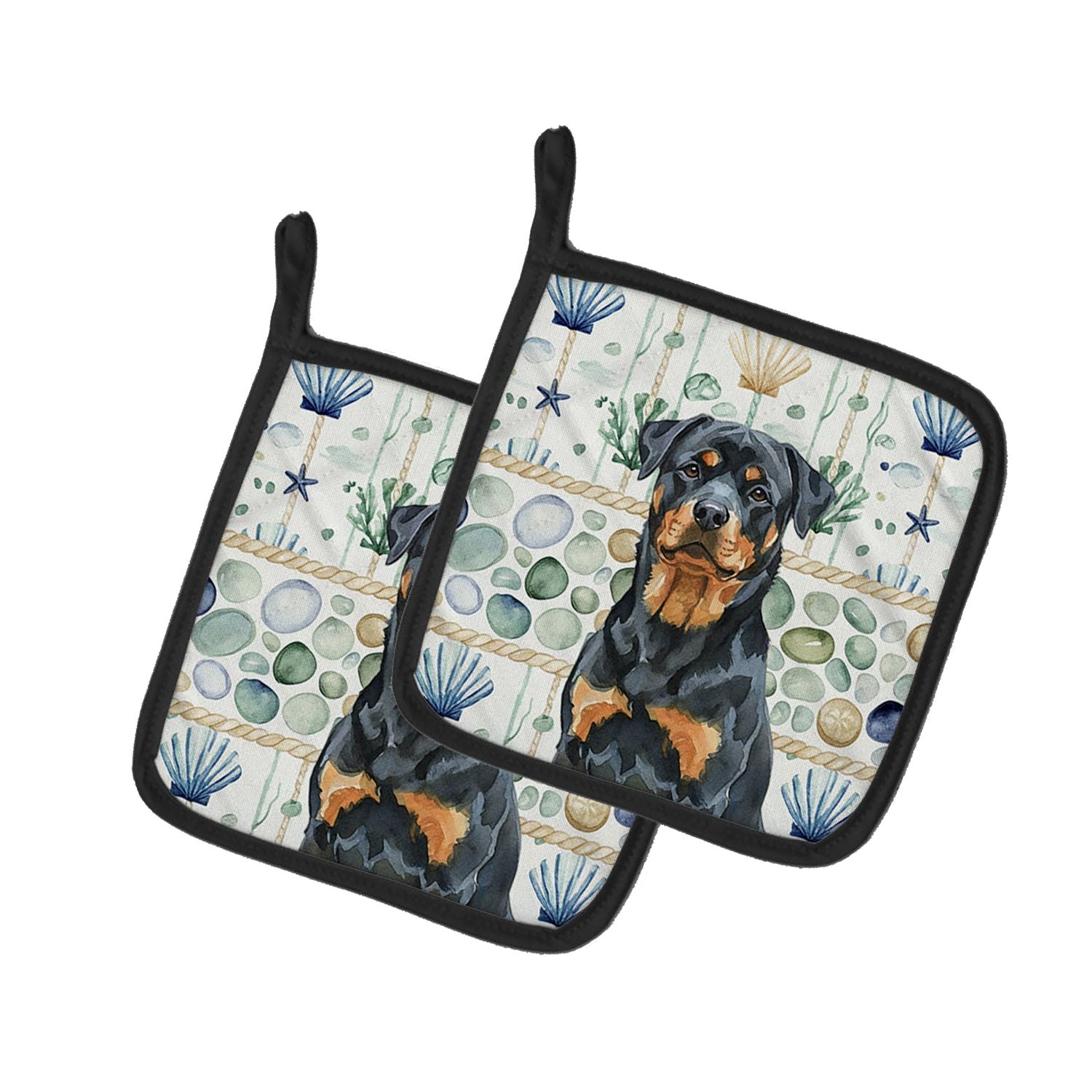Rottweiler Coastal Sea Glass Pair of Pot Holders Pair 7.5x7.5 Quilted Insulated Hot Pads Decorative Kitchen Gift Made in USA
