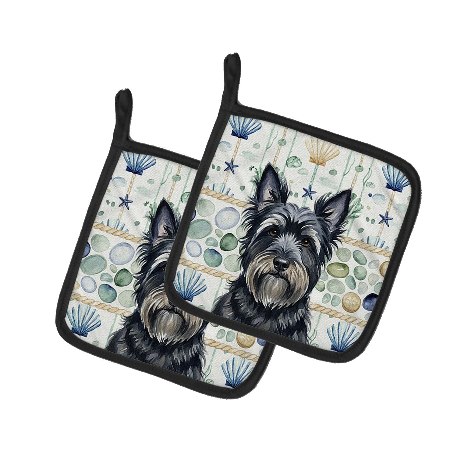 Black Skye Terrier Coastal Sea Glass Pair of Pot Holders Pair 7.5x7.5 Quilted Insulated Hot Pads Decorative Kitchen Gift Made in