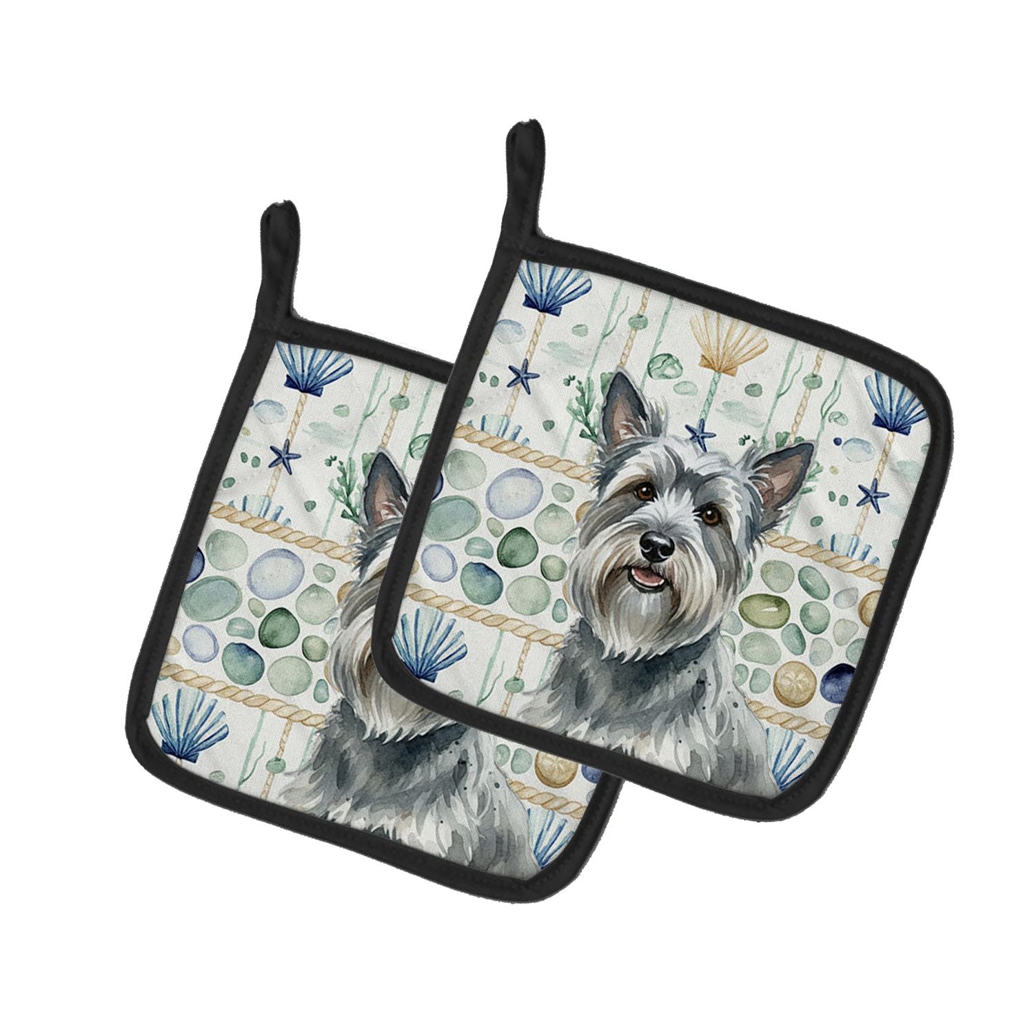 Gray Skye Terrier Coastal Sea Glass Pair of Pot Holders Pair 7.5x7.5 Quilted Insulated Hot Pads Decorative Kitchen Gift Made in 