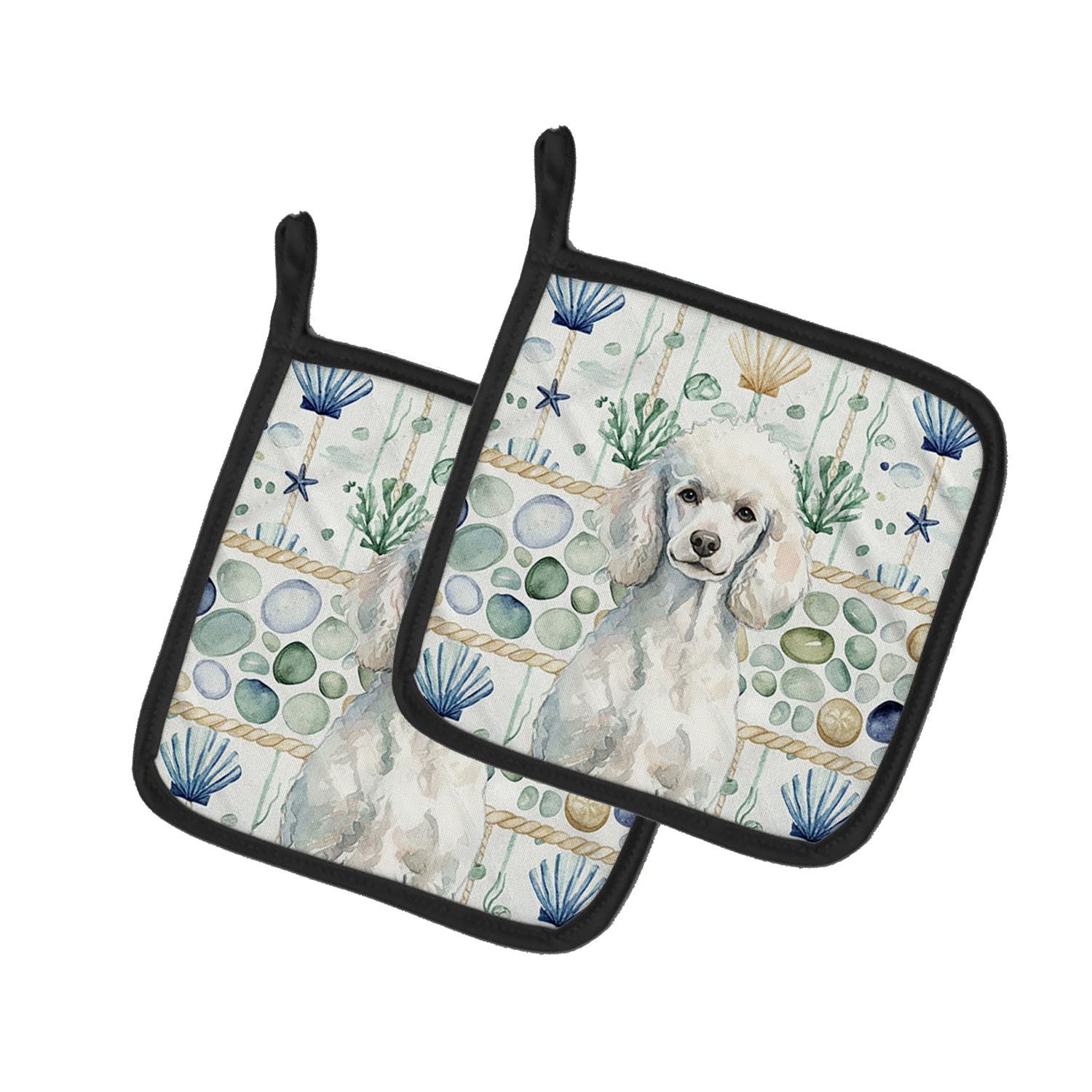Standard White Poodle Coastal Sea Glass Pair of Pot Holders Pair 7.5x7.5 Quilted Insulated Hot Pads Decorative Kitchen Gift Made
