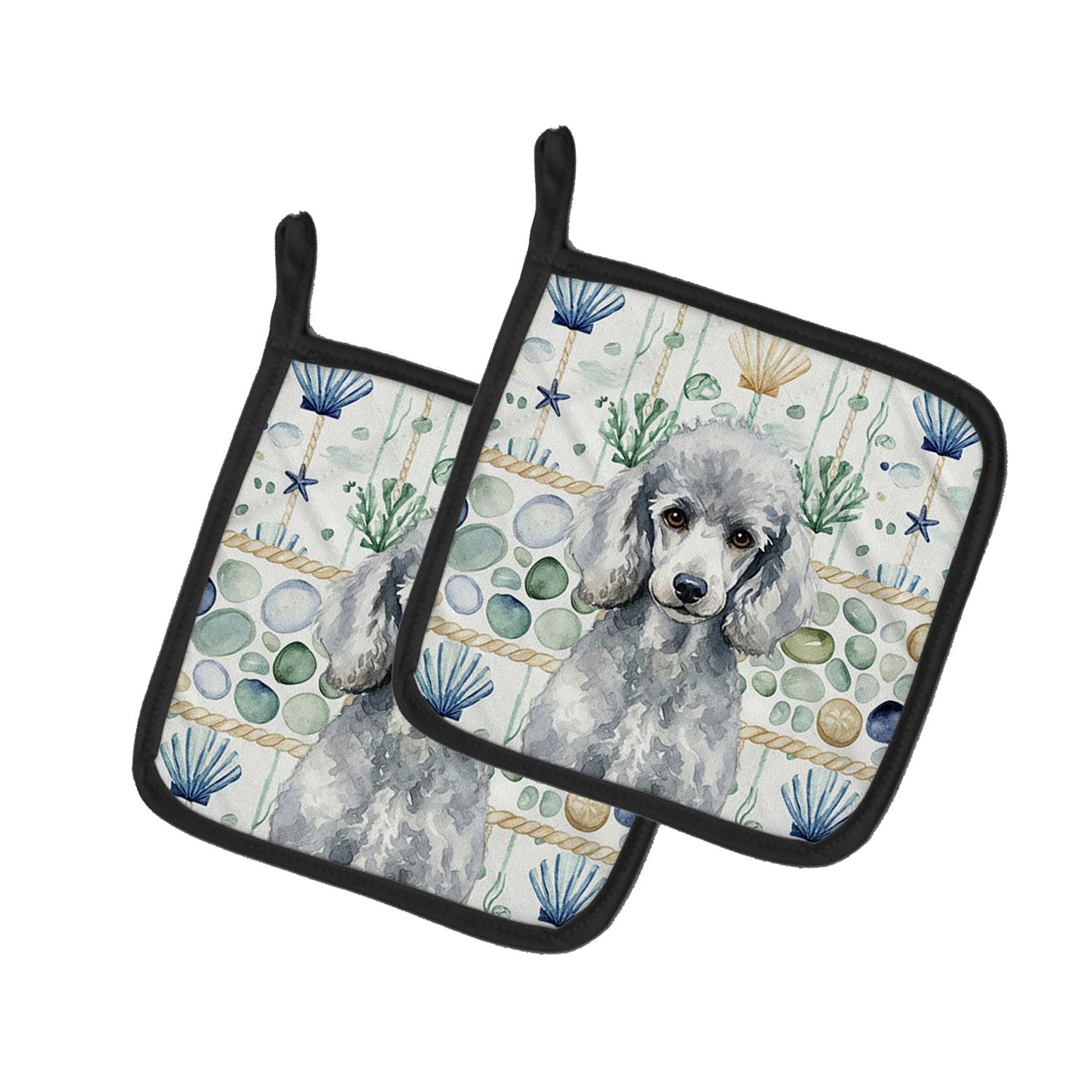 Standard Silver Poodle Coastal Sea Glass Pair of Pot Holders Pair 7.5x7.5 Quilted Insulated Hot Pads Decorative Kitchen Gift Mad