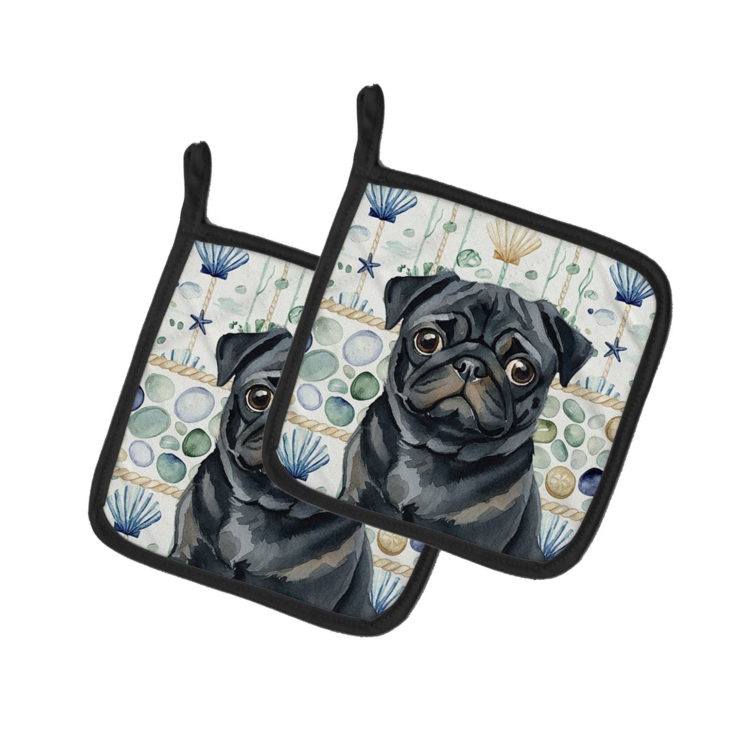 Black Pug Coastal Sea Glass Pair of Pot Holders Pair 7.5x7.5 Quilted Insulated Hot Pads Decorative Kitchen Gift Made in USA