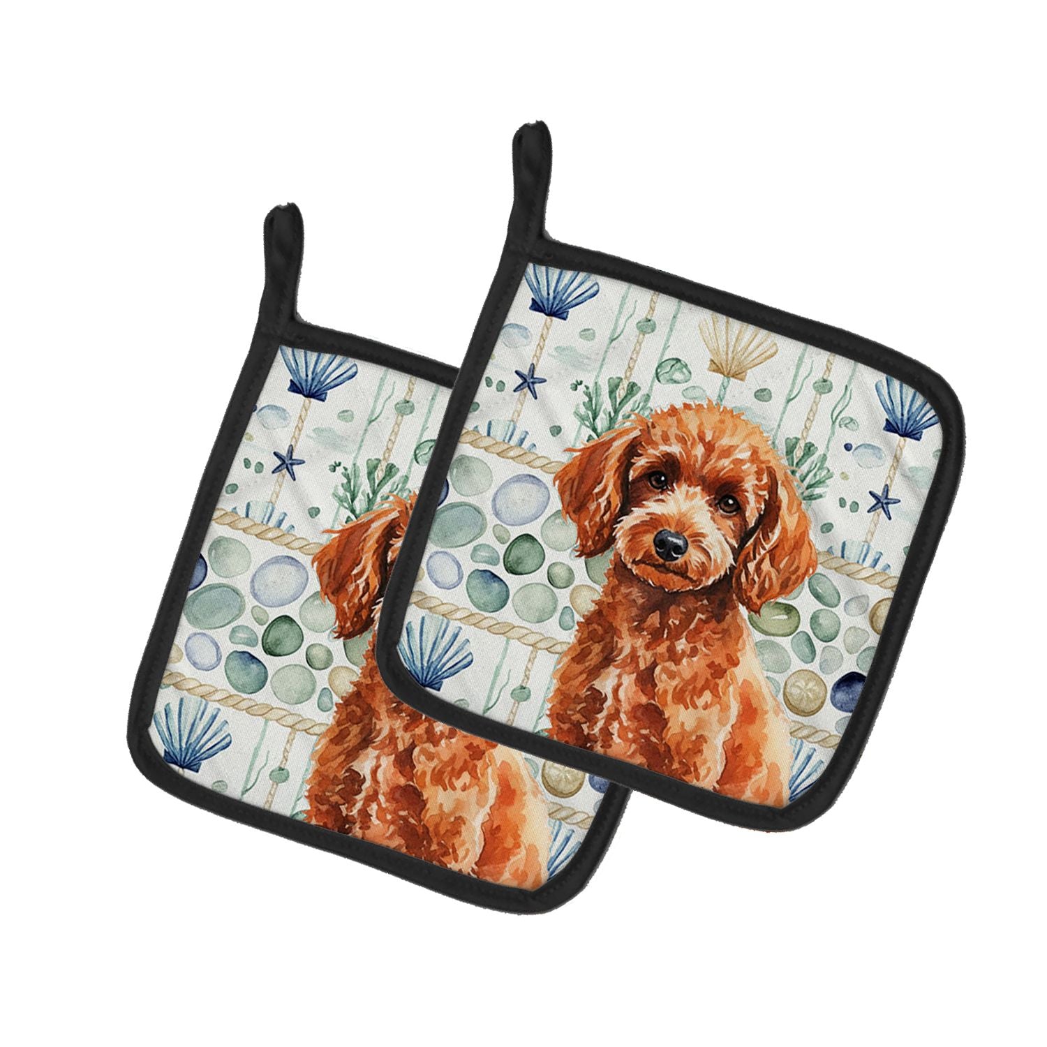 Toy Red Poodle Coastal Sea Glass Pair of Pot Holders Pair 7.5x7.5 Quilted Insulated Hot Pads Decorative Kitchen Gift Made in USA