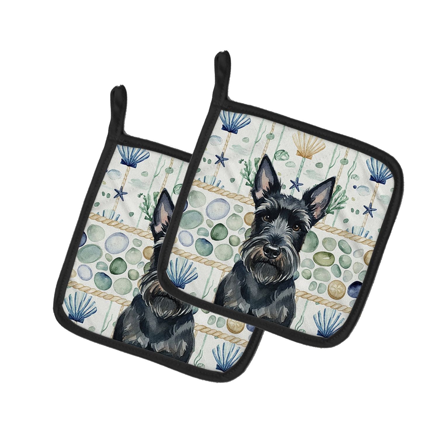 Scottish Terrier Coastal Sea Glass Pair of Pot Holders Pair 7.5x7.5 Quilted Insulated Hot Pads Decorative Kitchen Gift Made in U