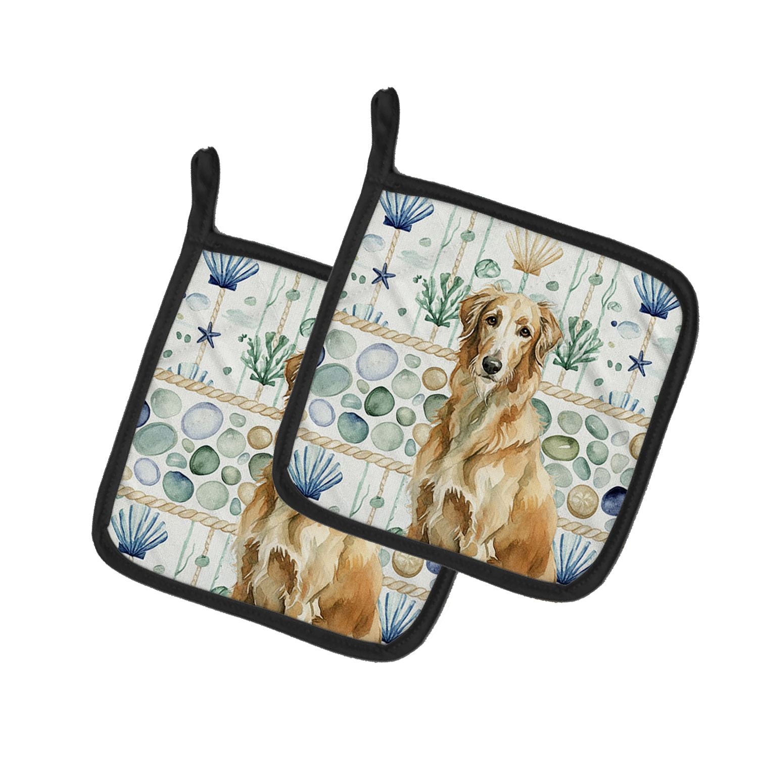 Wheaten Scottish Deerhound Coastal Sea Glass Pair of Pot Holders Pair 7.5x7.5 Quilted Insulated Hot Pads Decorative Kitchen Gift