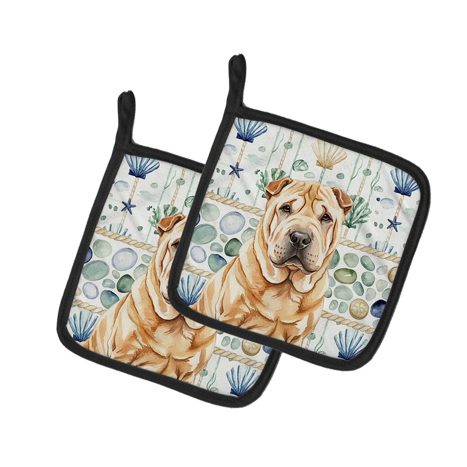 Red Shar Pei Coastal Sea Glass Pair of Pot Holders Pair 7.5x7.5 Quilted Insulated Hot Pads Decorative Kitchen Gift Made in USA