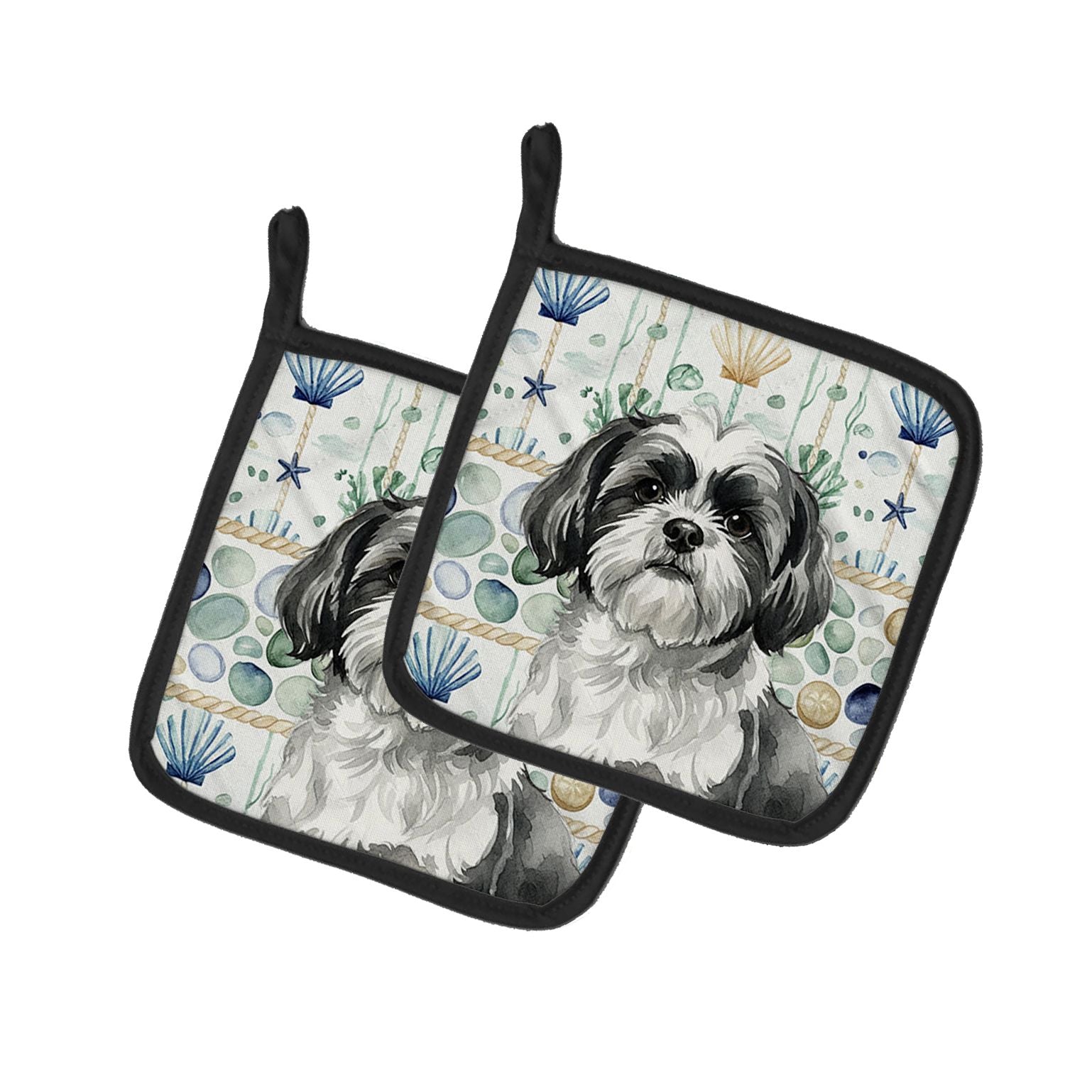 Black and White Shih Tzu Coastal Sea Glass Pair of Pot Holders Pair 7.5x7.5 Quilted Insulated Hot Pads Decorative Kitchen Gift M