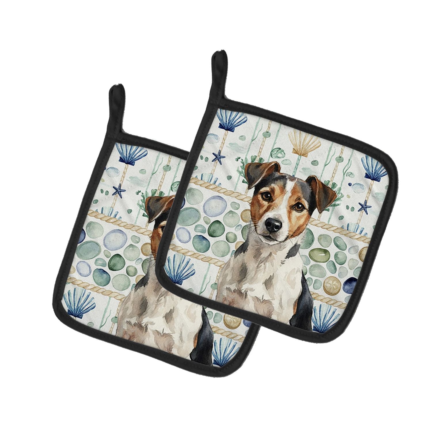 Tricolor Russell Terrier Coastal Sea Glass Pair of Pot Holders Pair 7.5x7.5 Quilted Insulated Hot Pads Decorative Kitchen Gift M