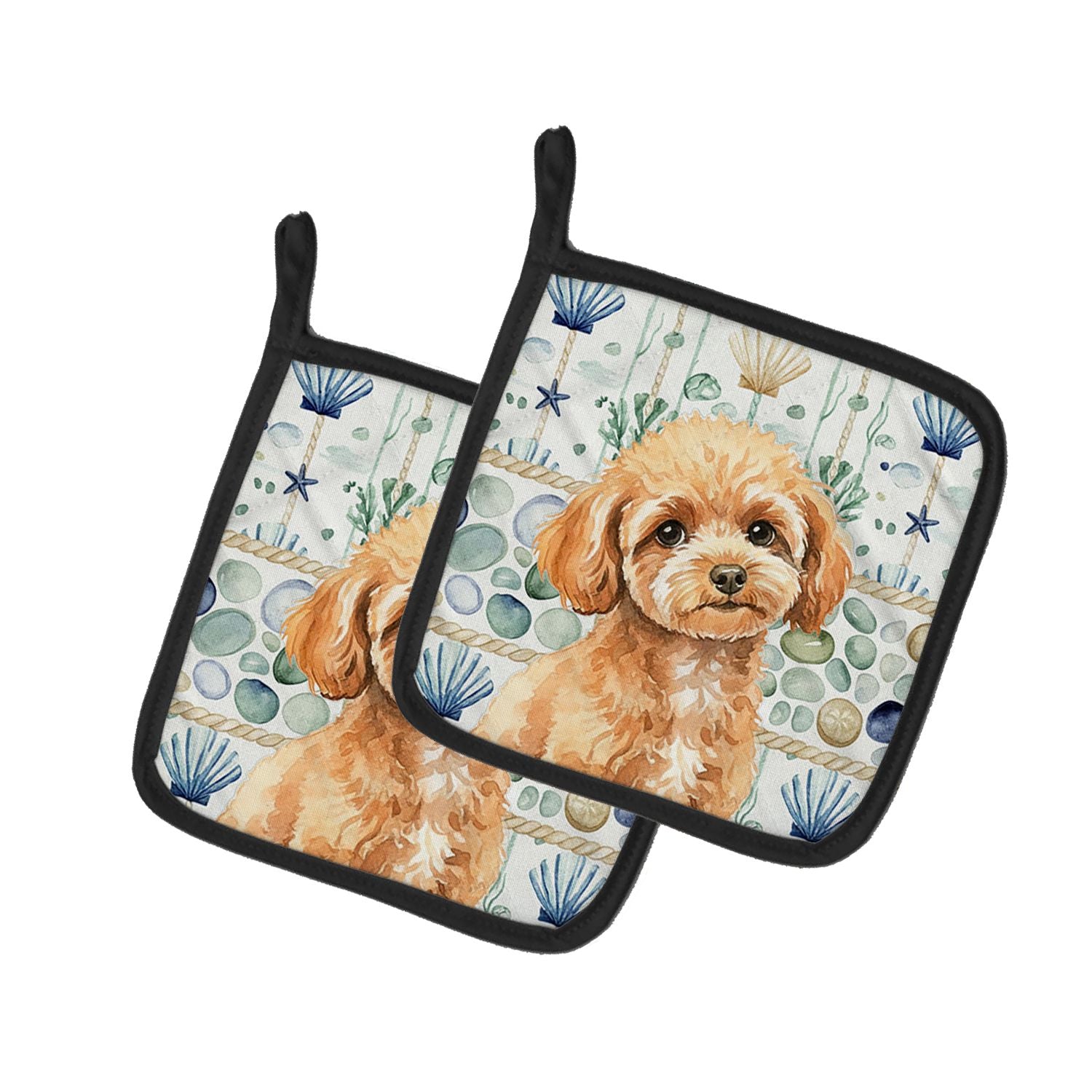 Toy Apricot Poodle Coastal Sea Glass Pair of Pot Holders Pair 7.5x7.5 Quilted Insulated Hot Pads Decorative Kitchen Gift Made in