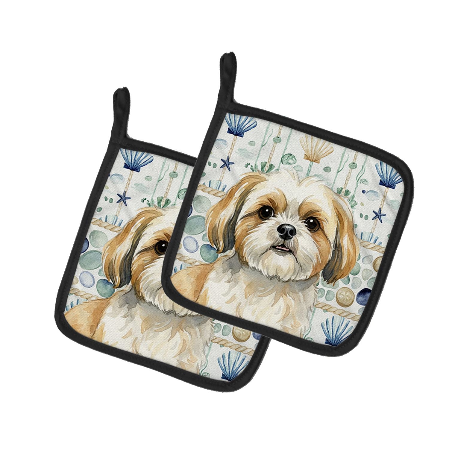 Gold and White Shih Tzu Coastal Sea Glass Pair of Pot Holders Pair 7.5x7.5 Quilted Insulated Hot Pads Decorative Kitchen Gift Ma