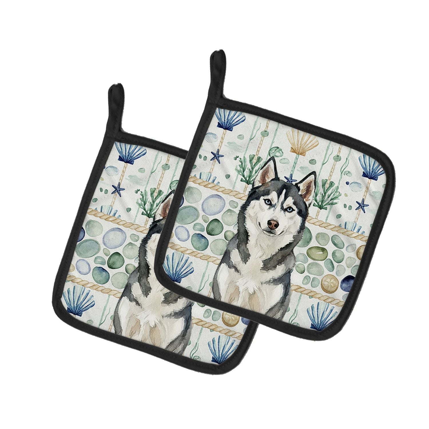 Siberian Husky Coastal Sea Glass Pair of Pot Holders Pair 7.5x7.5 Quilted Insulated Hot Pads Decorative Kitchen Gift Made in USA