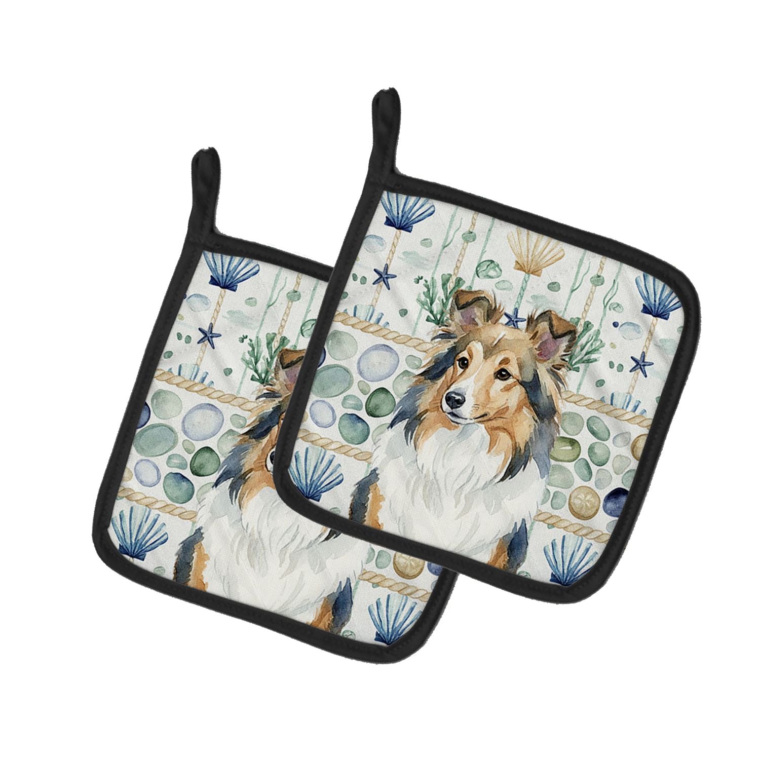 Sable Sheltie Coastal Sea Glass Pair of Pot Holders Pair 7.5x7.5 Quilted Insulated Hot Pads Decorative Kitchen Gift Made in USA