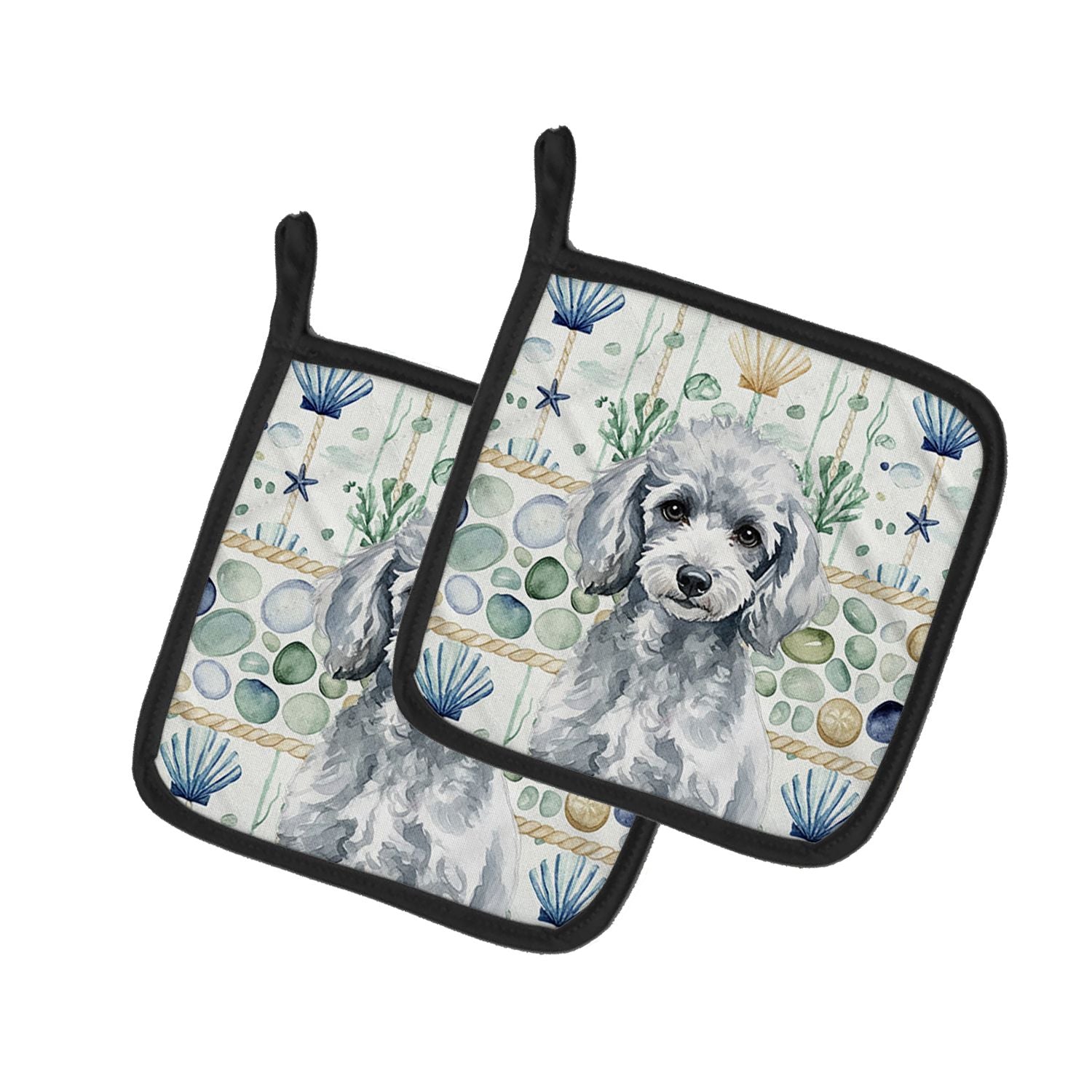 Miniature Silver Poodle Coastal Sea Glass Pair of Pot Holders Pair 7.5x7.5 Quilted Insulated Hot Pads Decorative Kitchen Gift Ma