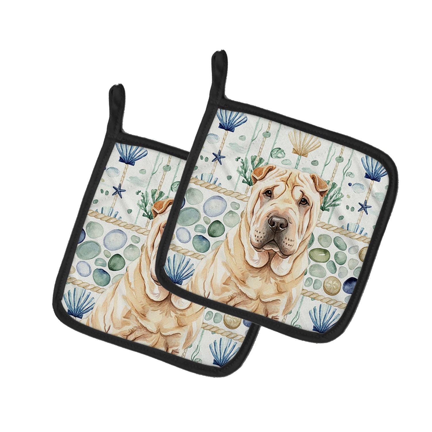 Shar Pei Coastal Sea Glass Pair of Pot Holders Pair 7.5x7.5 Quilted Insulated Hot Pads Decorative Kitchen Gift Made in USA