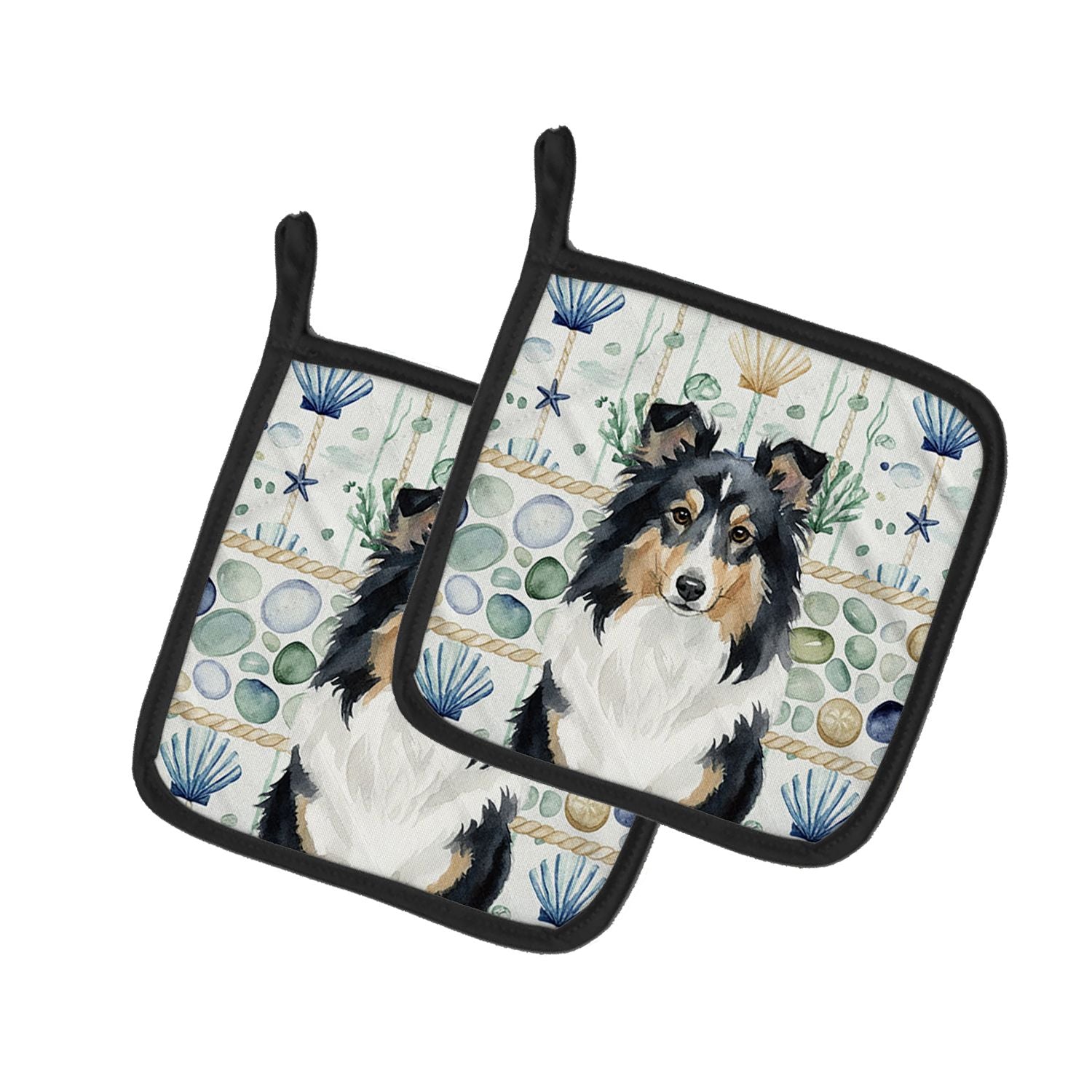 Tricolor Sheltie Coastal Sea Glass Pair of Pot Holders Pair 7.5x7.5 Quilted Insulated Hot Pads Decorative Kitchen Gift Made in U