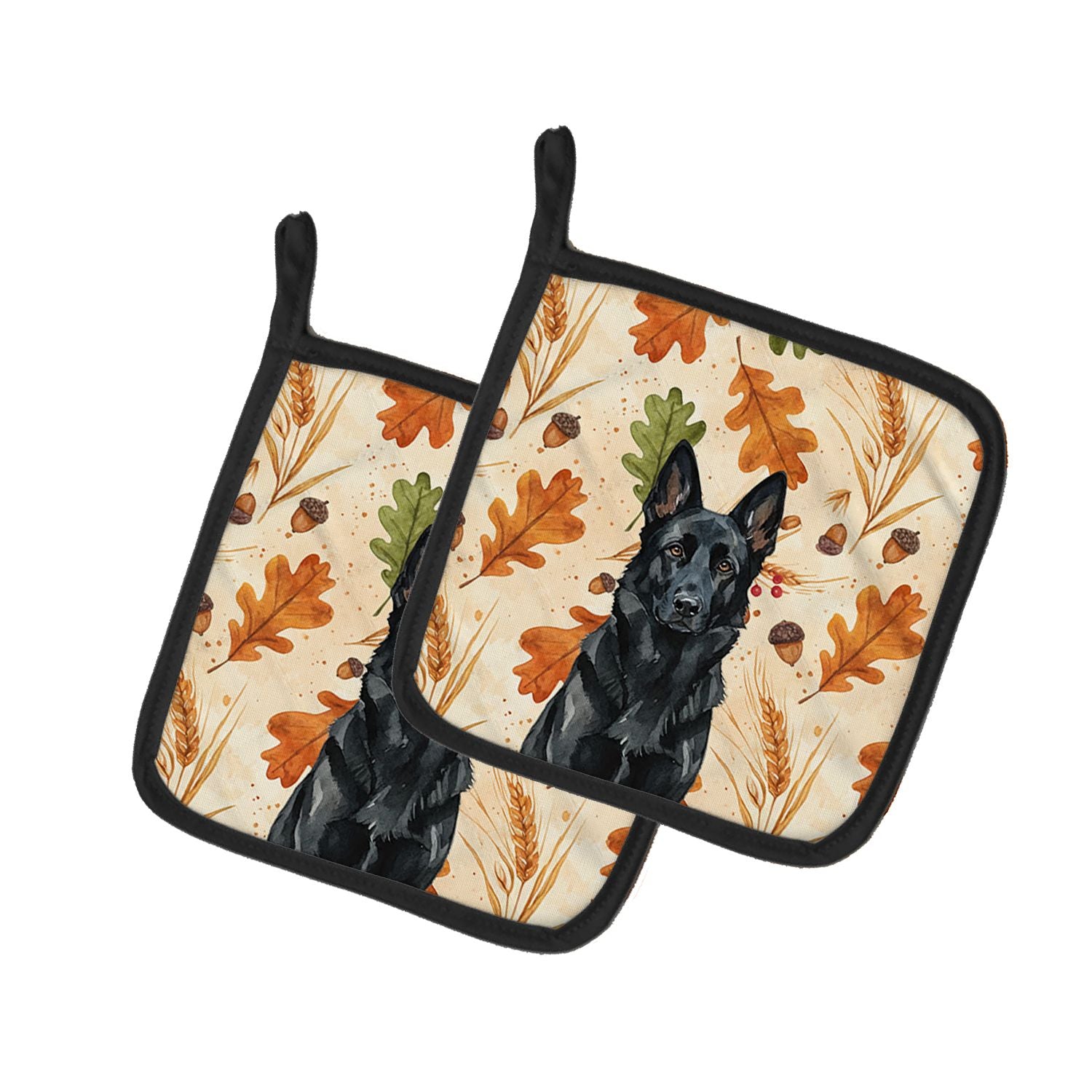 Black German Shepherd Heirloom Fall Pair of Pot Holders Pair 7.5x7.5 Quilted Insulated Hot Pads Decorative Kitchen Gift Made in 