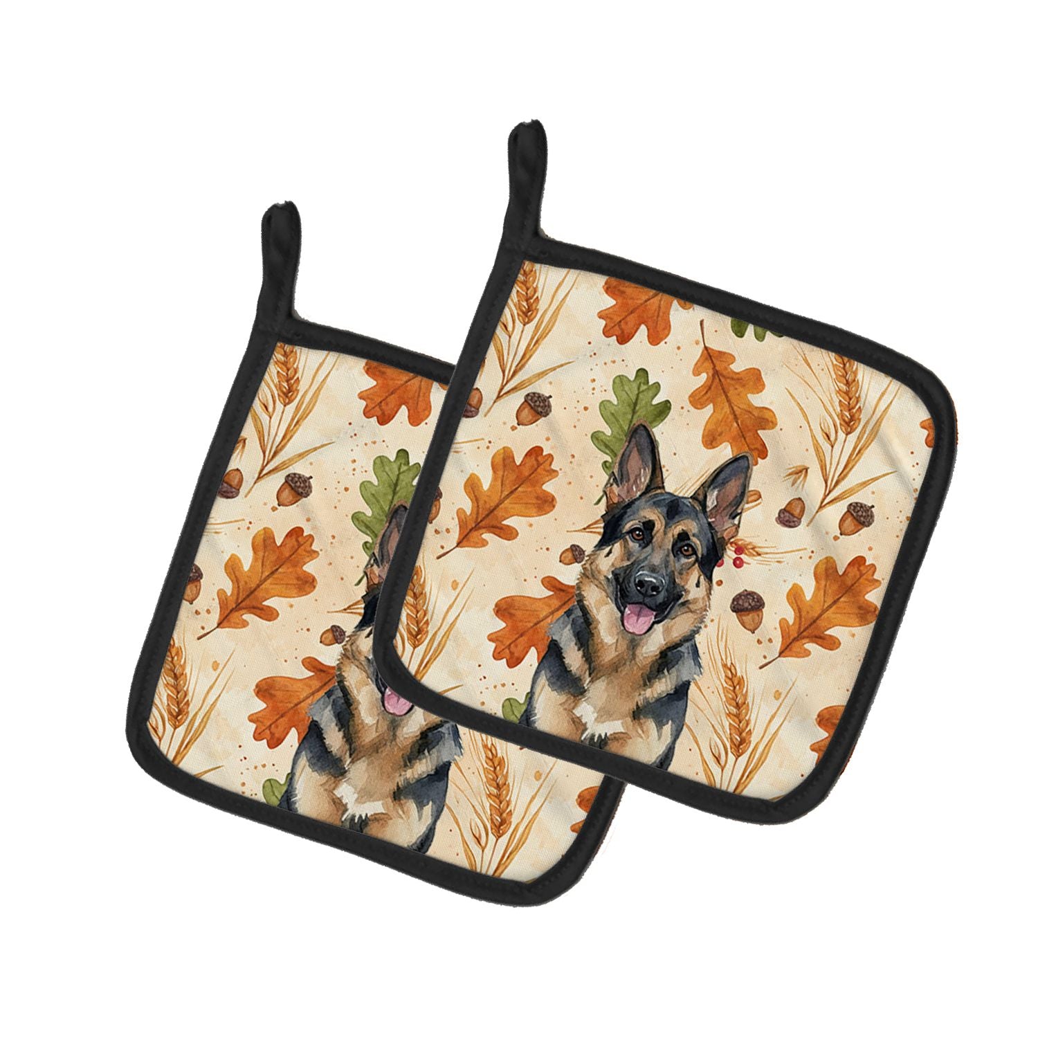 German Shepherd Heirloom Fall Pair of Pot Holders Pair 7.5x7.5 Quilted Insulated Hot Pads Decorative Kitchen Gift Made in USA