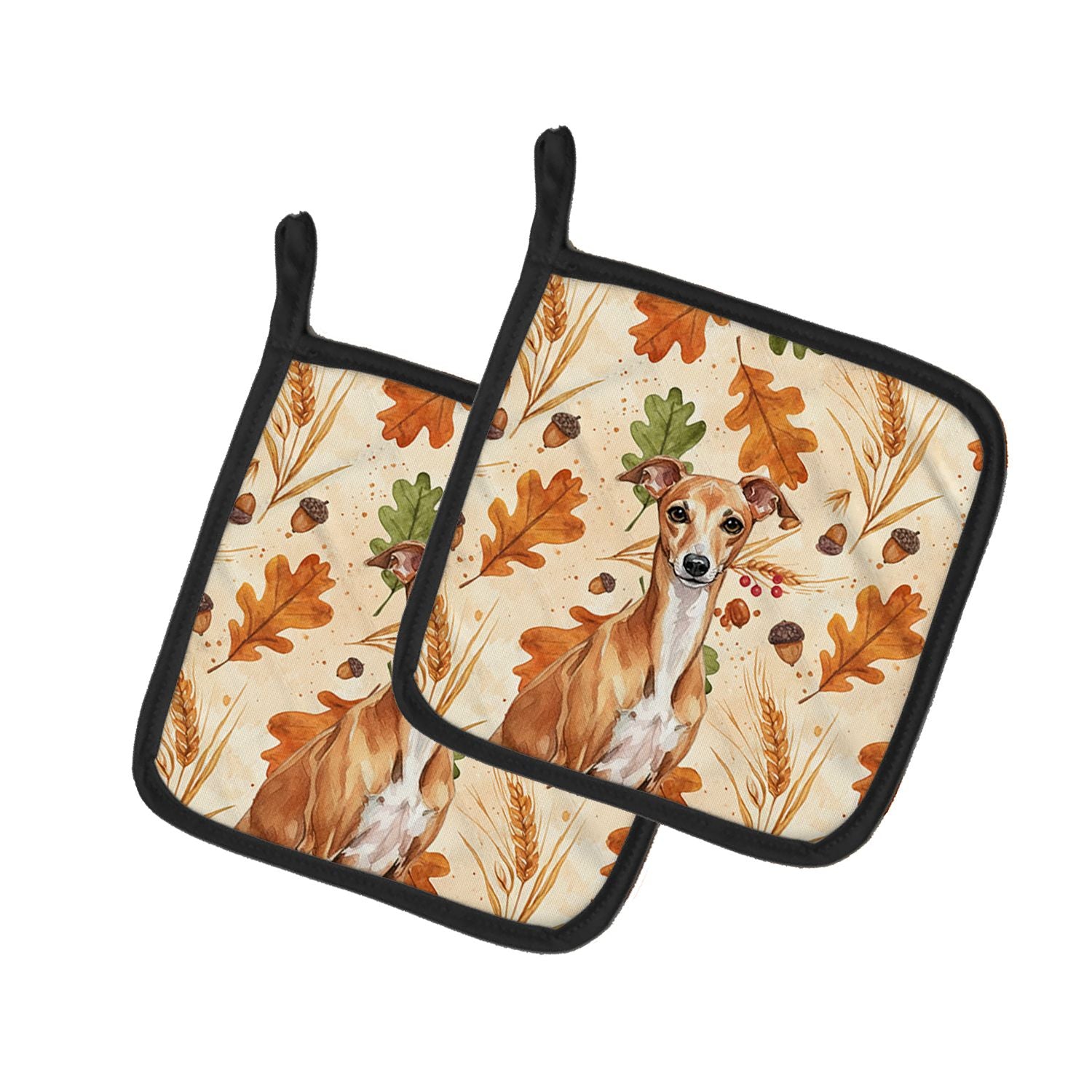 Red Italian Greyhound Heirloom Fall Pair of Pot Holders Pair 7.5x7.5 Quilted Insulated Hot Pads Decorative Kitchen Gift Made in 