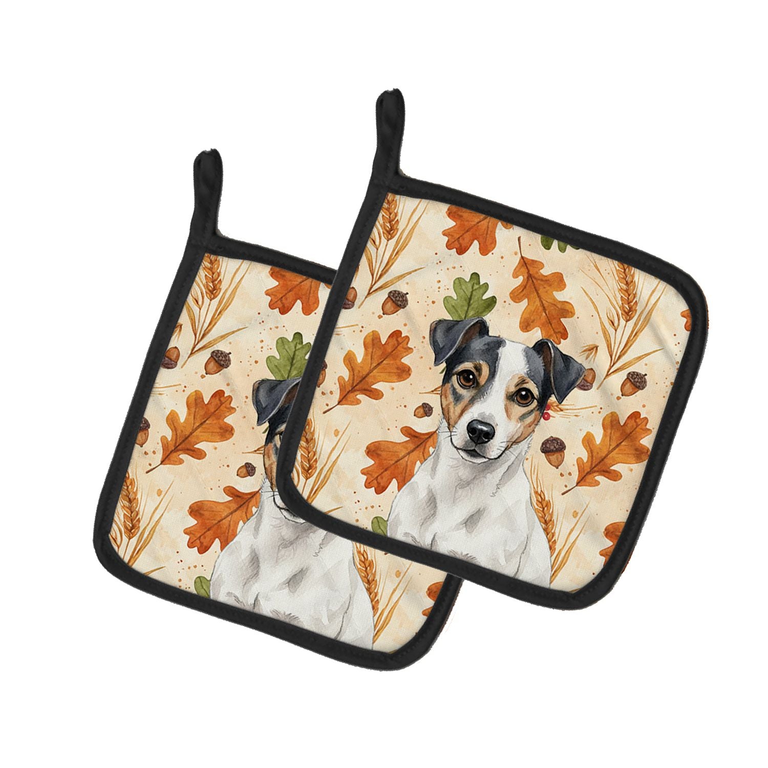 White and Black Jack Russell Terrier Heirloom Fall Pair of Pot Holders Pair 7.5x7.5 Quilted Insulated Hot Pads Decorative Kitche