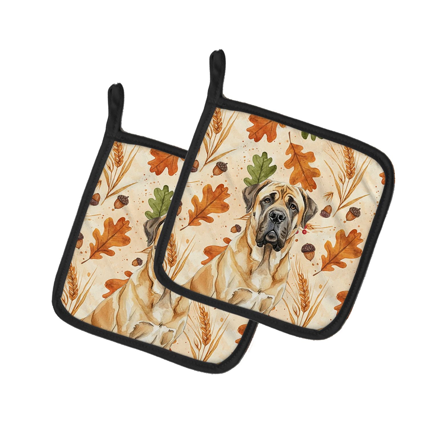 Fawn English Mastiff Heirloom Fall Pair of Pot Holders Pair 7.5x7.5 Quilted Insulated Hot Pads Decorative Kitchen Gift Made in U