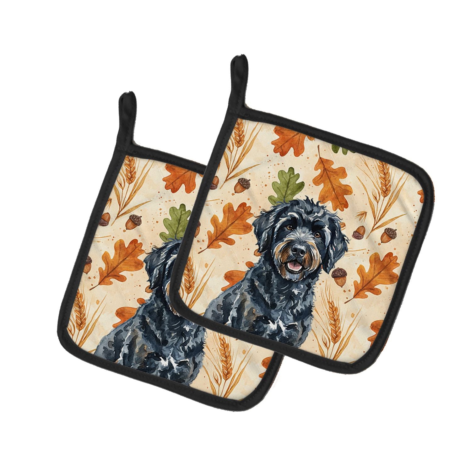 Black Portuguese Water Dog Heirloom Fall Pair of Pot Holders Pair 7.5x7.5 Quilted Insulated Hot Pads Decorative Kitchen Gift Mad