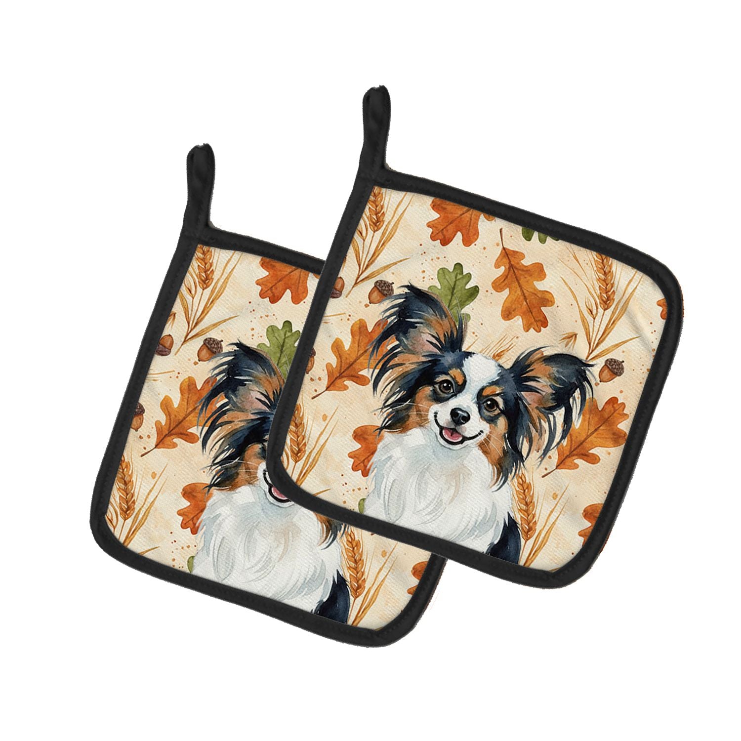 Tricolor Papillon Heirloom Fall Pair of Pot Holders Pair 7.5x7.5 Quilted Insulated Hot Pads Decorative Kitchen Gift Made in USA