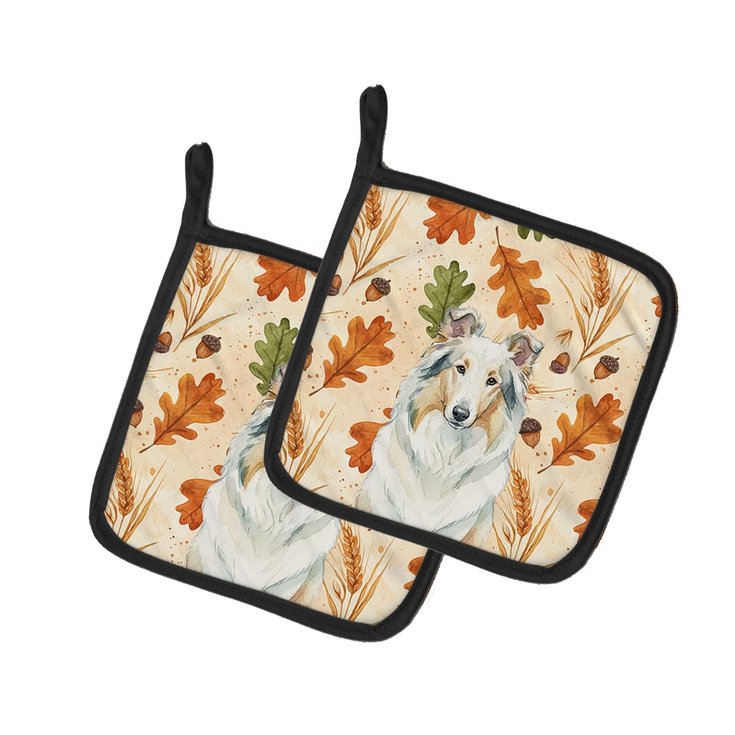 White Collie Heirloom Fall Pair of Pot Holders Pair 7.5x7.5 Quilted Insulated Hot Pads Decorative Kitchen Gift Made in USA