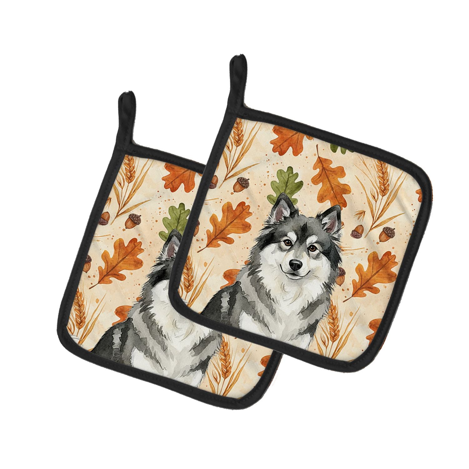 Keeshond Heirloom Fall Pair of Pot Holders Pair 7.5x7.5 Quilted Insulated Hot Pads Decorative Kitchen Gift Made in USA