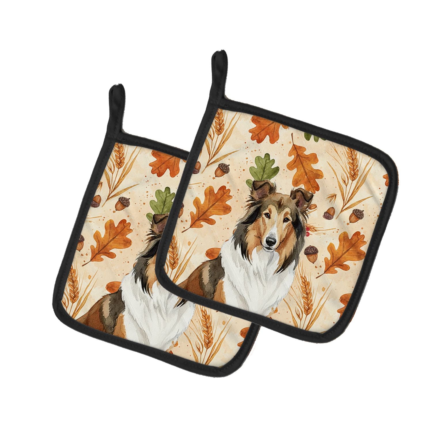 Sable Collie Heirloom Fall Pair of Pot Holders Pair 7.5x7.5 Quilted Insulated Hot Pads Decorative Kitchen Gift Made in USA