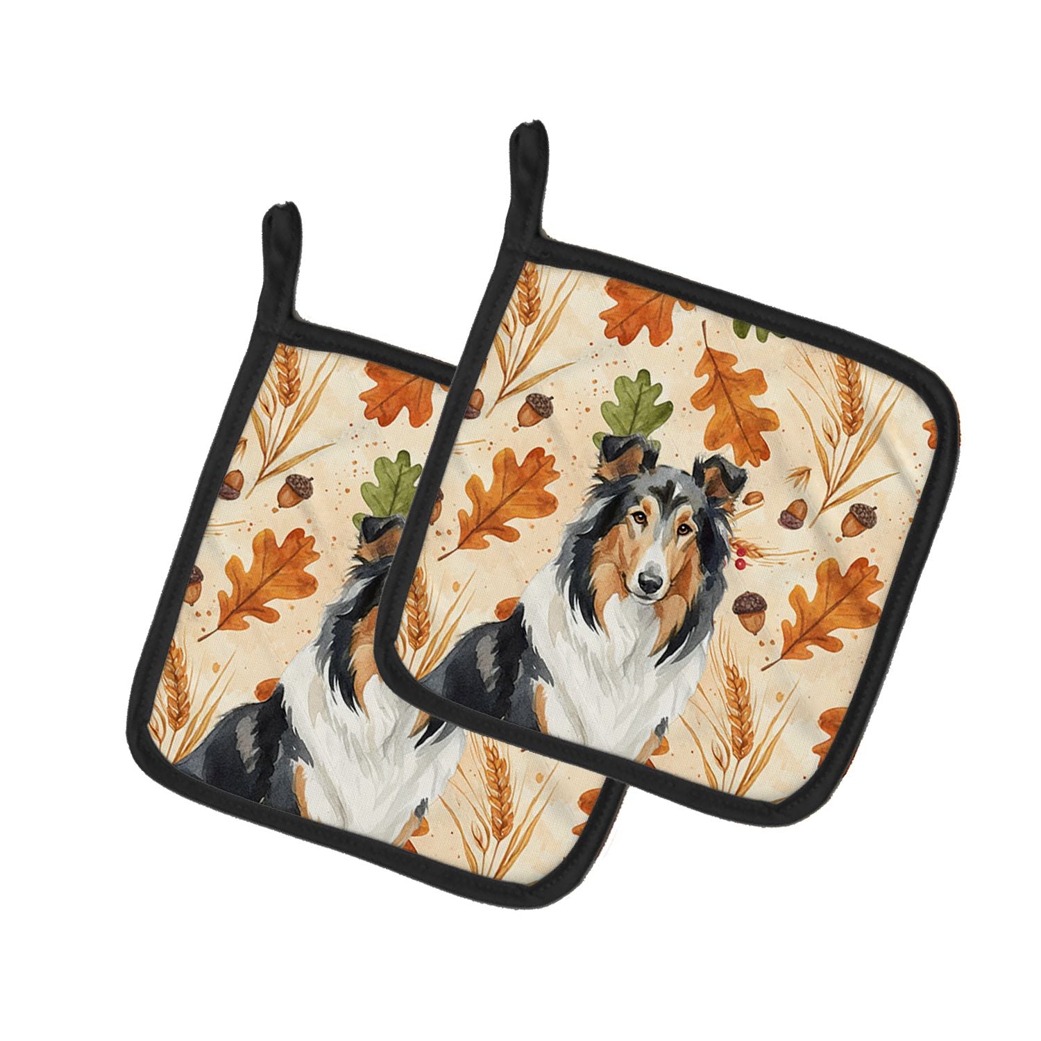 Tricolor Collie Heirloom Fall Pair of Pot Holders Pair 7.5x7.5 Quilted Insulated Hot Pads Decorative Kitchen Gift Made in USA
