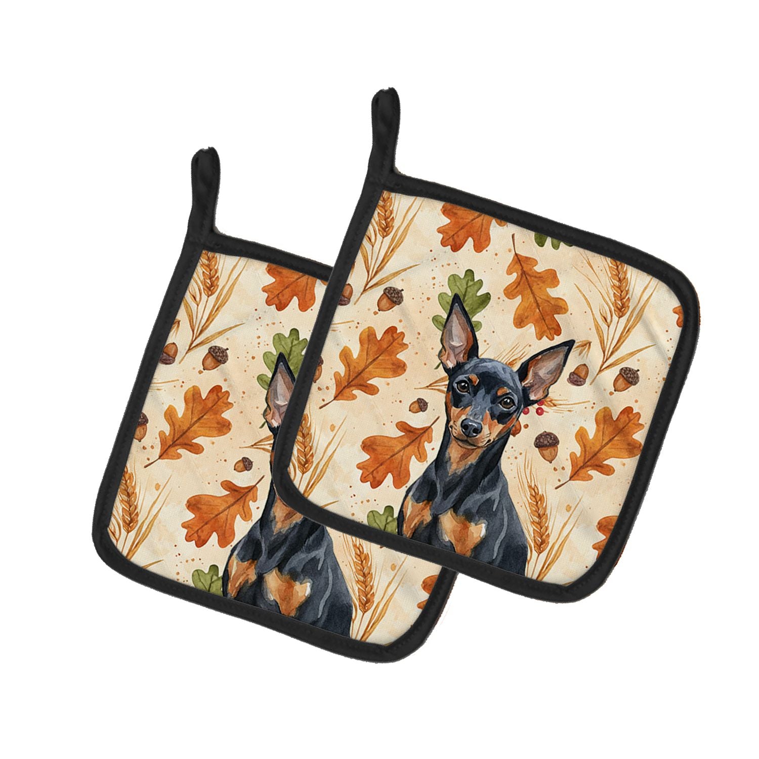 Black and Tan Miniature Pinscher Heirloom Fall Pair of Pot Holders Pair 7.5x7.5 Quilted Insulated Hot Pads Decorative Kitchen Gi