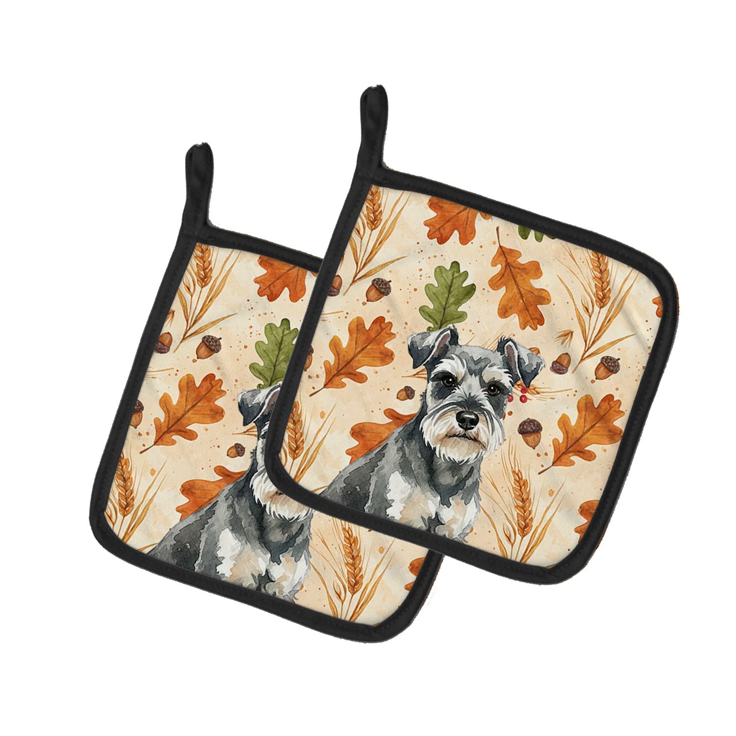 Miniature Schnauzer Heirloom Fall Pair of Pot Holders Pair 7.5x7.5 Quilted Insulated Hot Pads Decorative Kitchen Gift Made in US