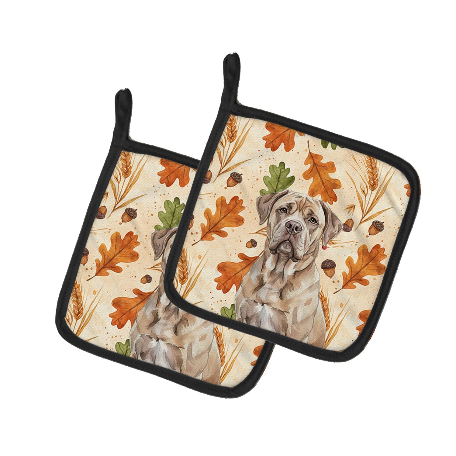 Isabella Dogue de Bordeaux Heirloom Fall Pair of Pot Holders Pair 7.5x7.5 Quilted Insulated Hot Pads Decorative Kitchen Gift Mad