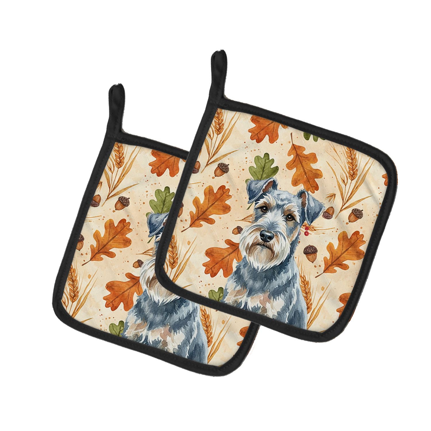 Blue Lakeland Terrier Heirloom Fall Pair of Pot Holders Pair 7.5x7.5 Quilted Insulated Hot Pads Decorative Kitchen Gift Made in 
