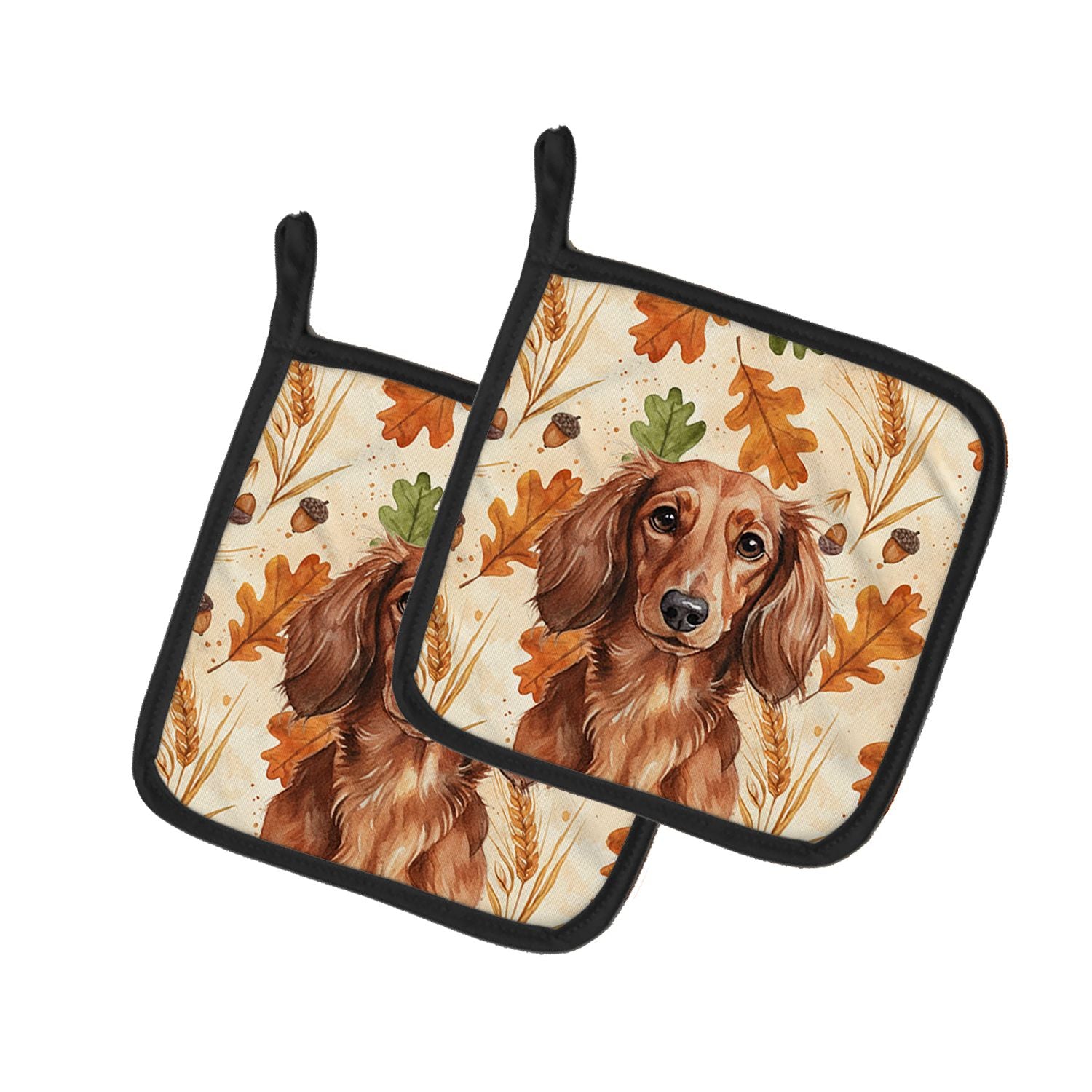 Longhaired Red Dachshund Heirloom Fall Pair of Pot Holders Pair 7.5x7.5 Quilted Insulated Hot Pads Decorative Kitchen Gift Made 
