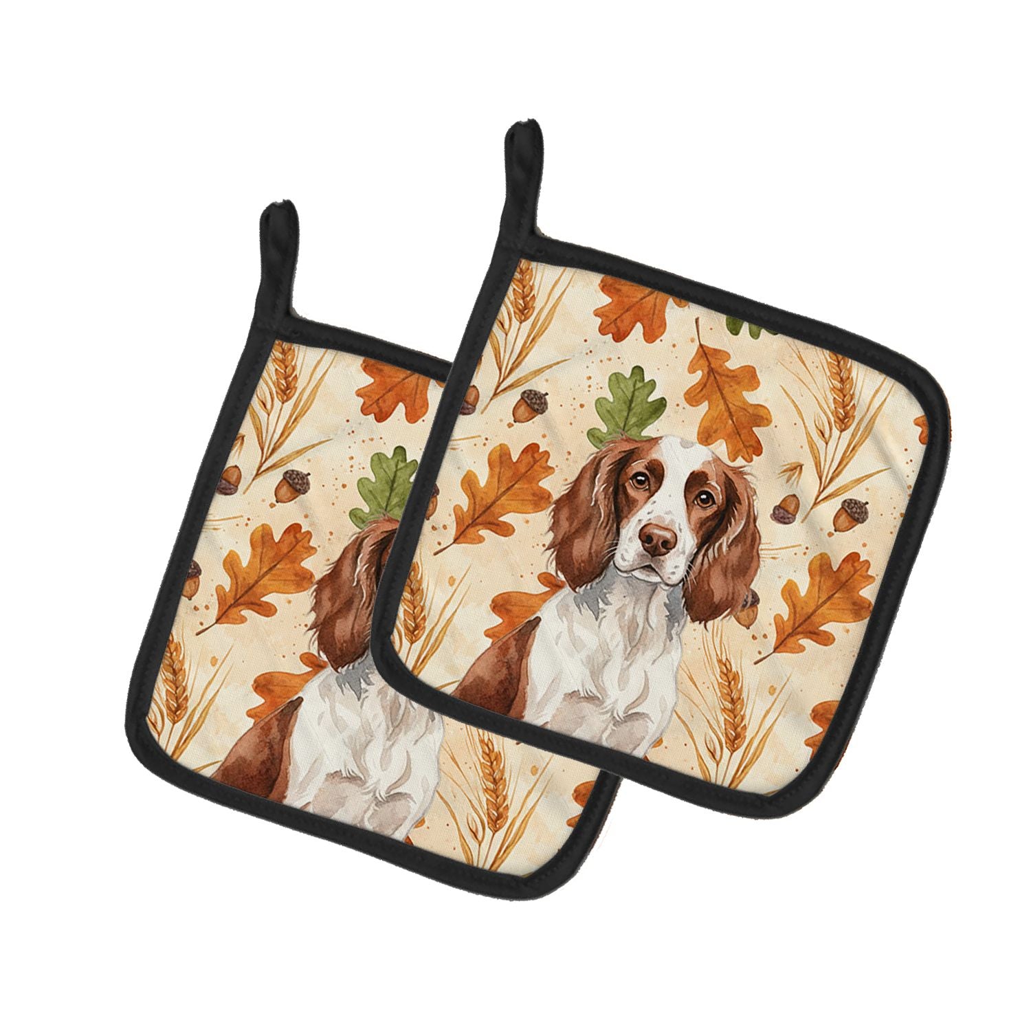 Liver and White English Springer Spaniel Heirloom Fall Pair of Pot Holders Pair 7.5x7.5 Quilted Insulated Hot Pads Decorative Ki