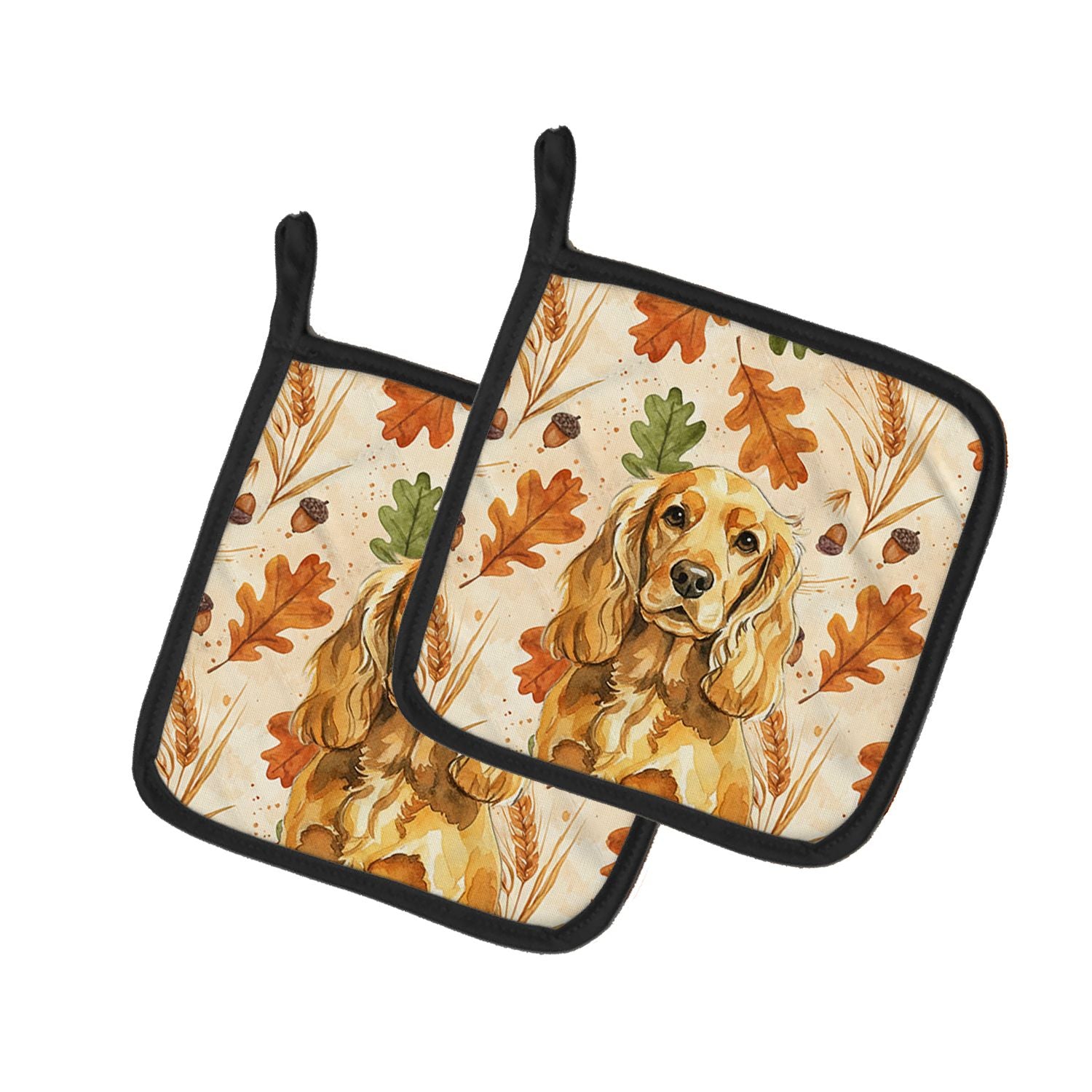 Golden English Cocker Spaniel Heirloom Fall Pair of Pot Holders Pair 7.5x7.5 Quilted Insulated Hot Pads Decorative Kitchen Gift 
