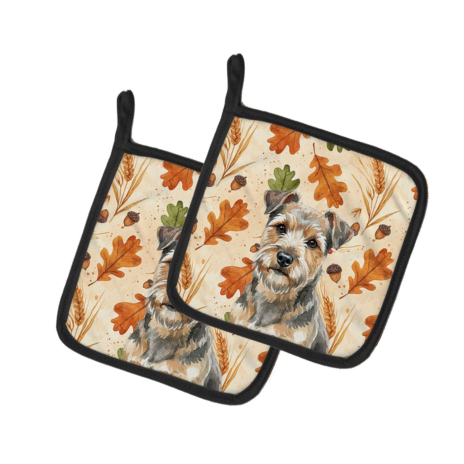Grizzle and Tan Norfolk Terrier Heirloom Fall Pair of Pot Holders Pair 7.5x7.5 Quilted Insulated Hot Pads Decorative Kitchen Gif