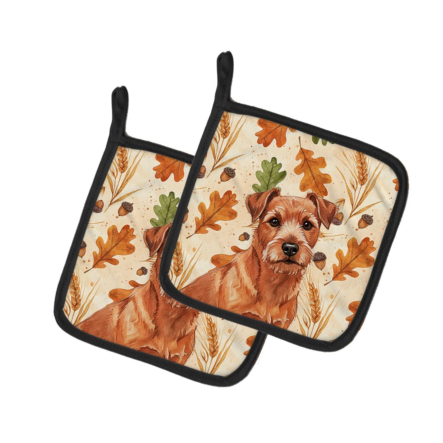 Red Norfolk Terrier Heirloom Fall Pair of Pot Holders Pair 7.5x7.5 Quilted Insulated Hot Pads Decorative Kitchen Gift Made in US