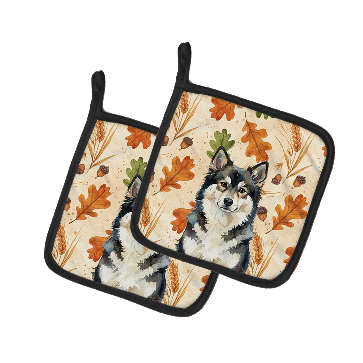 Finnish Lapphund Heirloom Fall Pair of Pot Holders Pair 7.5x7.5 Quilted Insulated Hot Pads Decorative Kitchen Gift Made in USA