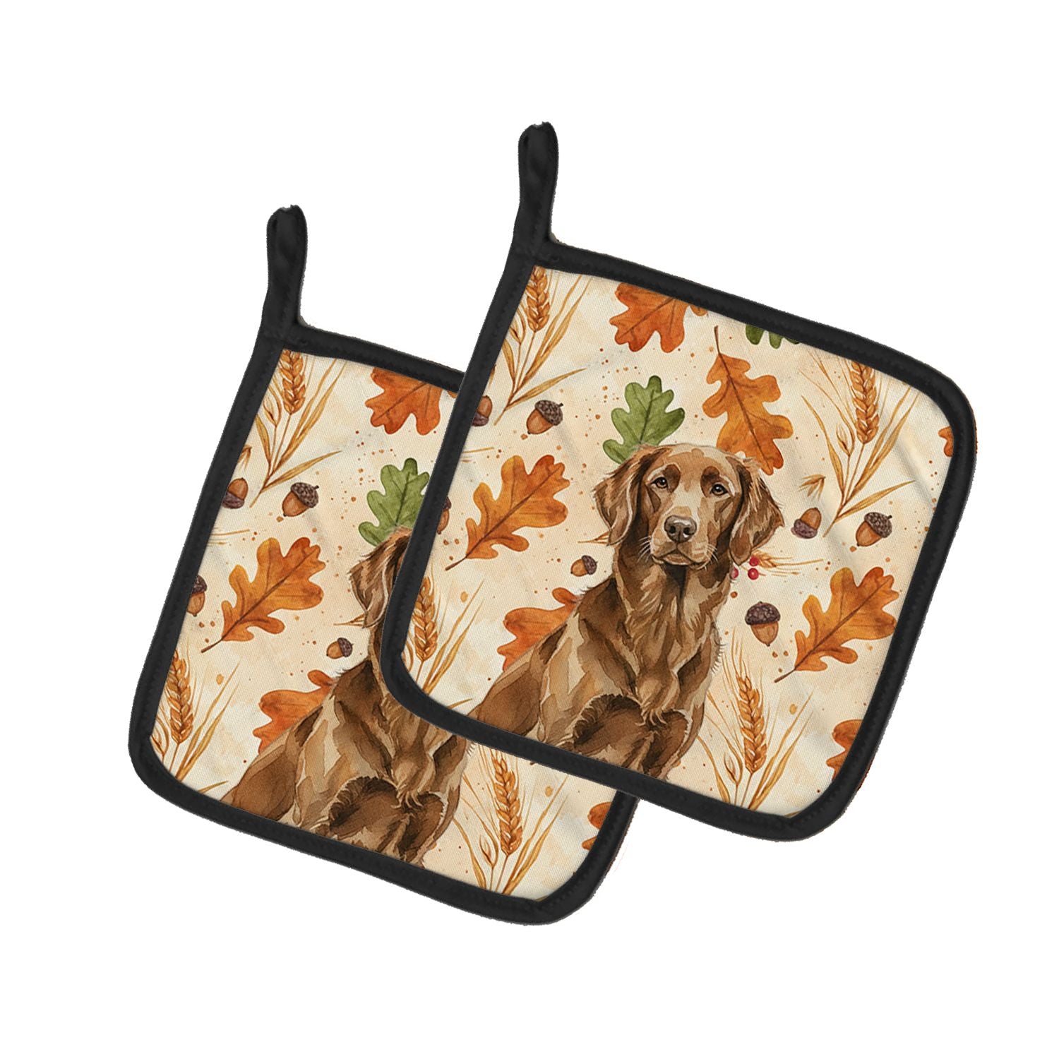 Liver Flat-Coated Retriever Heirloom Fall Pair of Pot Holders Pair 7.5x7.5 Quilted Insulated Hot Pads Decorative Kitchen Gift Ma