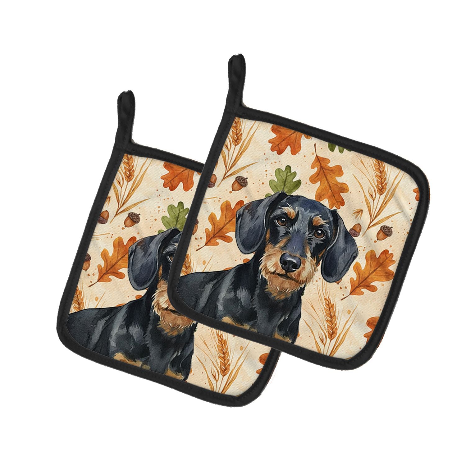 Wirehaired Black and Tan Dachshund Heirloom Fall Pair of Pot Holders Pair 7.5x7.5 Quilted Insulated Hot Pads Decorative Kitchen 