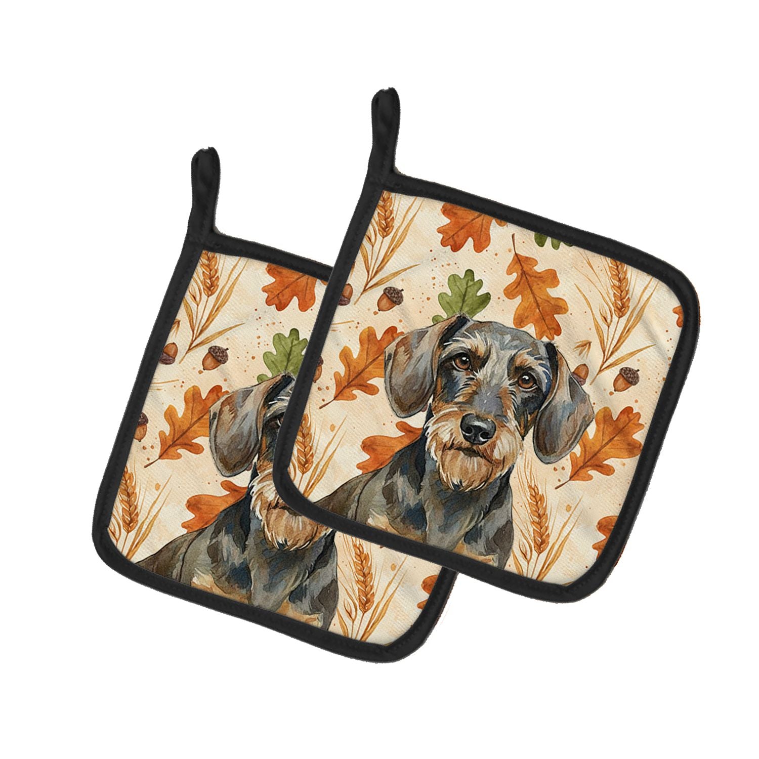Wirehaired Wild Boar Dachshund Heirloom Fall Pair of Pot Holders Pair 7.5x7.5 Quilted Insulated Hot Pads Decorative Kitchen Gift